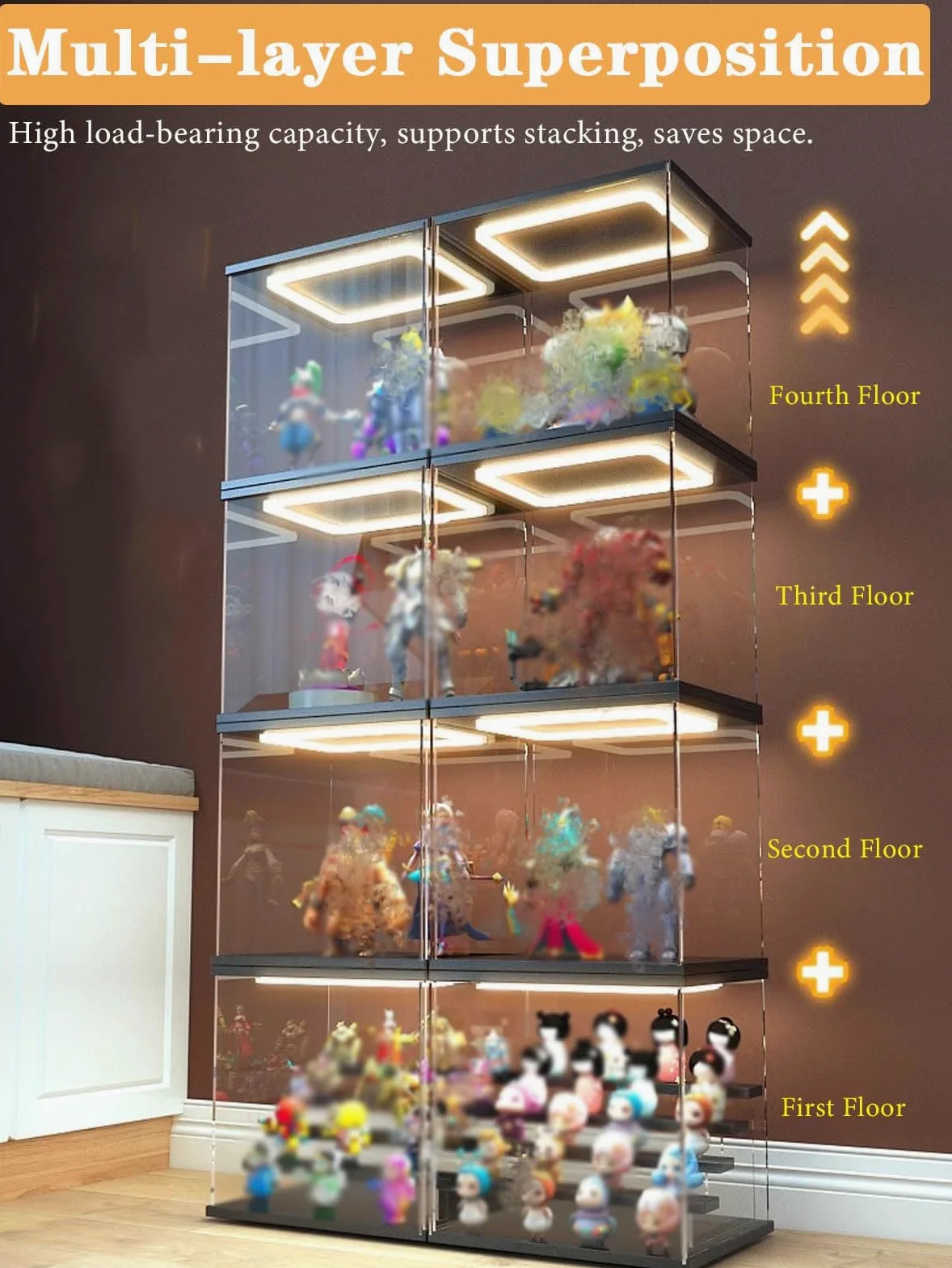Vetrinetta Espositiva Vetrina con Illuminazione a LED per Action Figure, Contenitori Rettangolari In Acrilico per Giocattoli, Scatola Trasparente Impilabile e Antipolvere(35x15x25cm(14"x6"x10"))