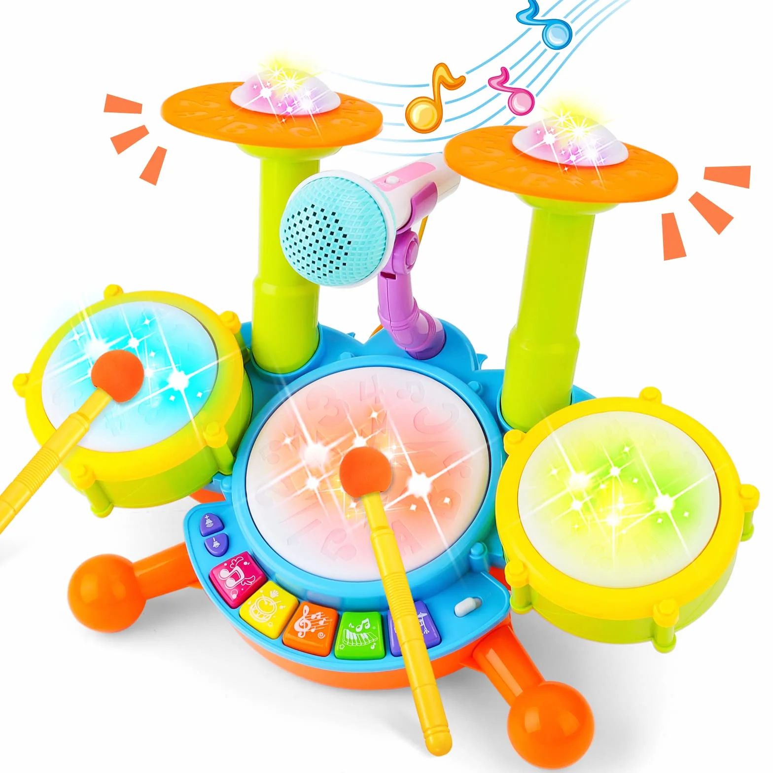 deAO Tamburo Bebe,Set di percutions per principianti, con 3 batterie e microfono, 18 canzoni, 2 bacchette, effetti sonori e luminosi che rendono questo kit batteria bambino strumento