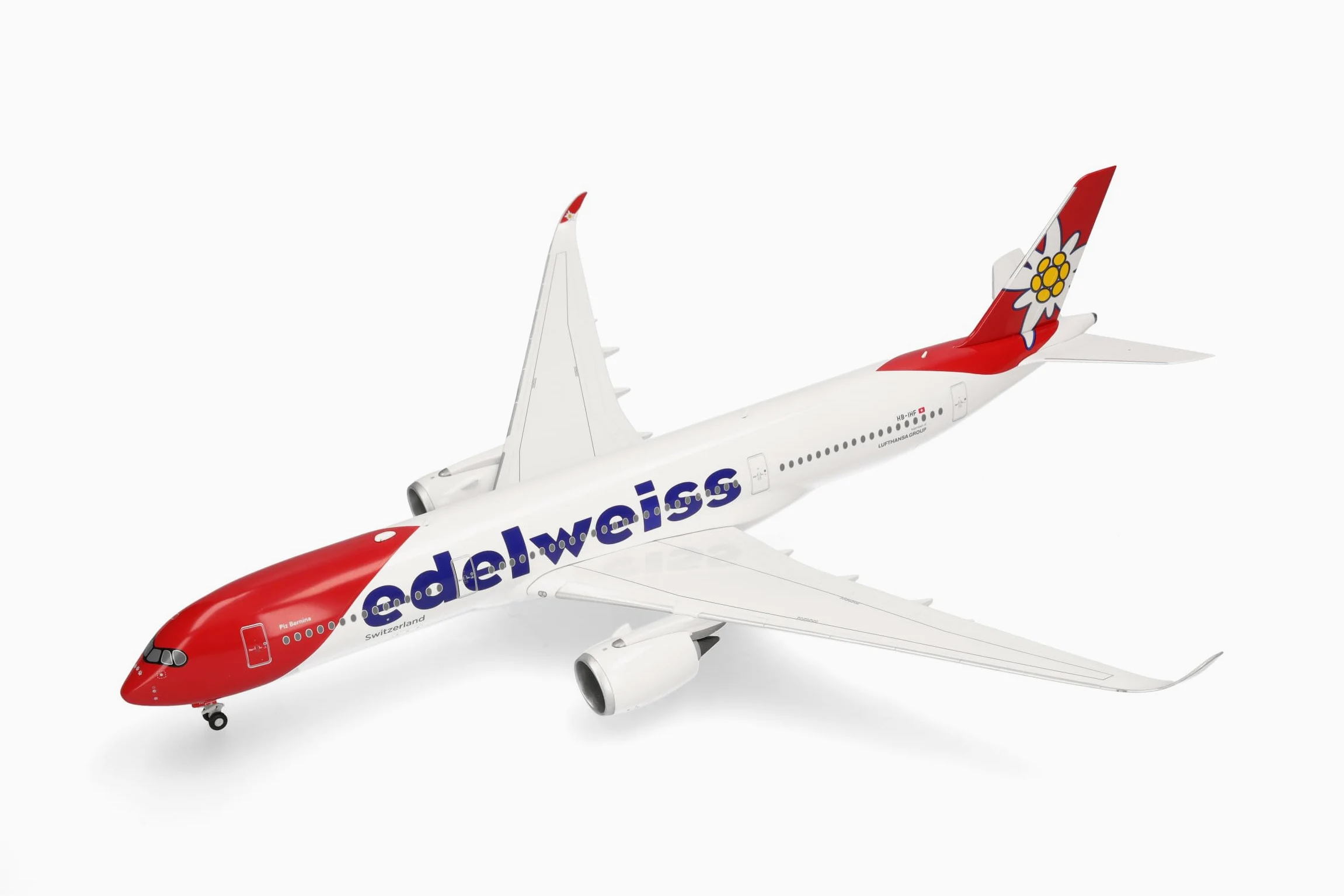 Herpa Modellino aereo Edelweiss Air Airbus A350-900 – HB-IHF "Piz Bernina", miniatura in scala 1:200, da collezione, senza supporto, in plastica