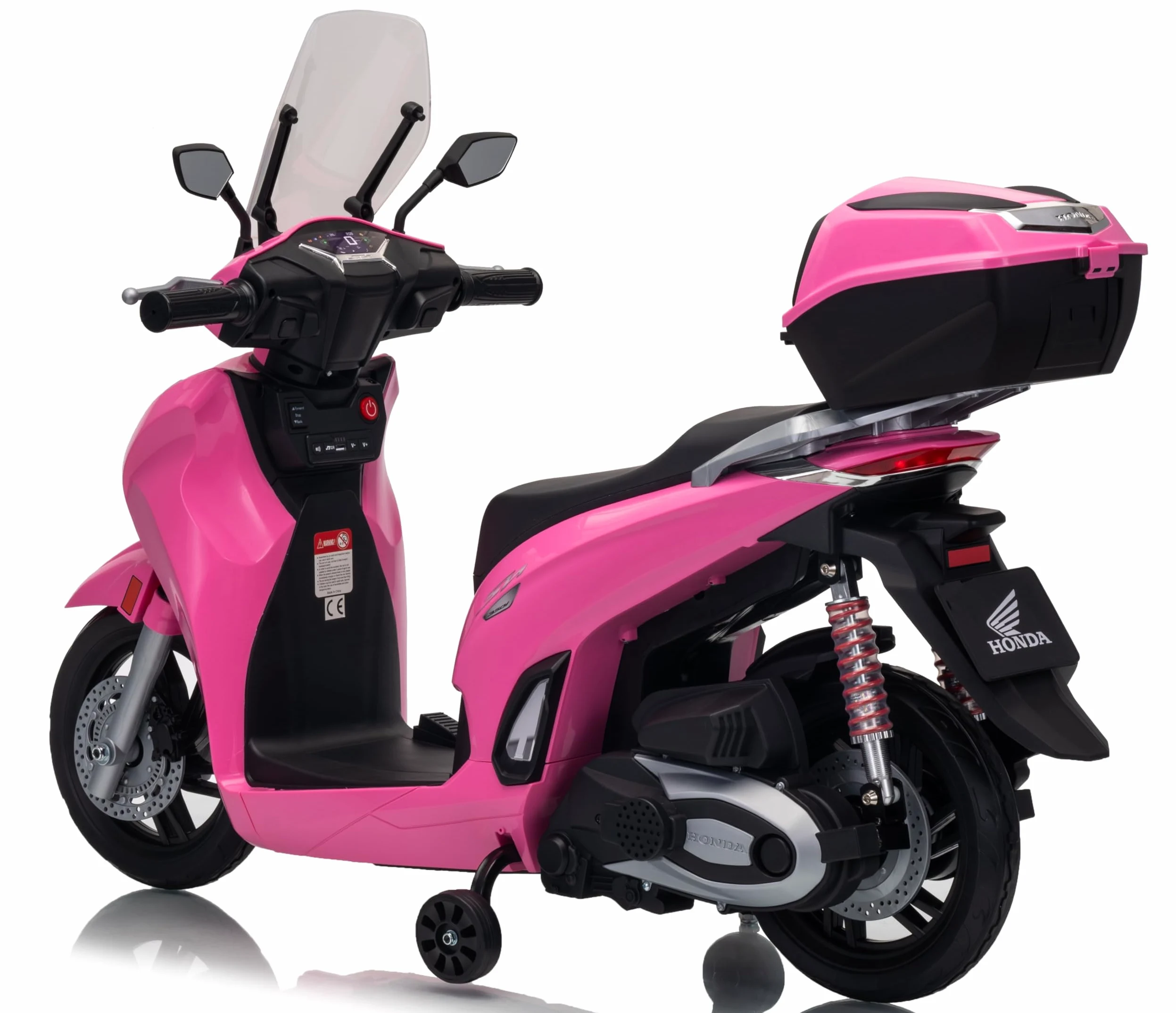 Honda SH 350 12V Moto Elettrica per Bambini con Licenza Ufficiale, Scooter Elettrico con Ruote in Gomma, Sedile in Pelle, Bauletto, Rotelle Stabilizzatrici, Luci LED e Suoni, MP3 Rosa