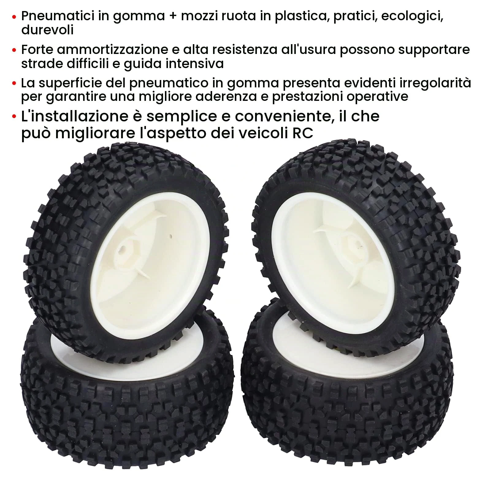 Set 4 Pezzi Pneumatici RC 1/10, Ruote in Gomma per Auto da Corsa e Buggy Telecomandati, Mozzi Ruota ad Alta Resistenza, Sostituzione Professionale per Modellismo, Grip Ottimale, Nero