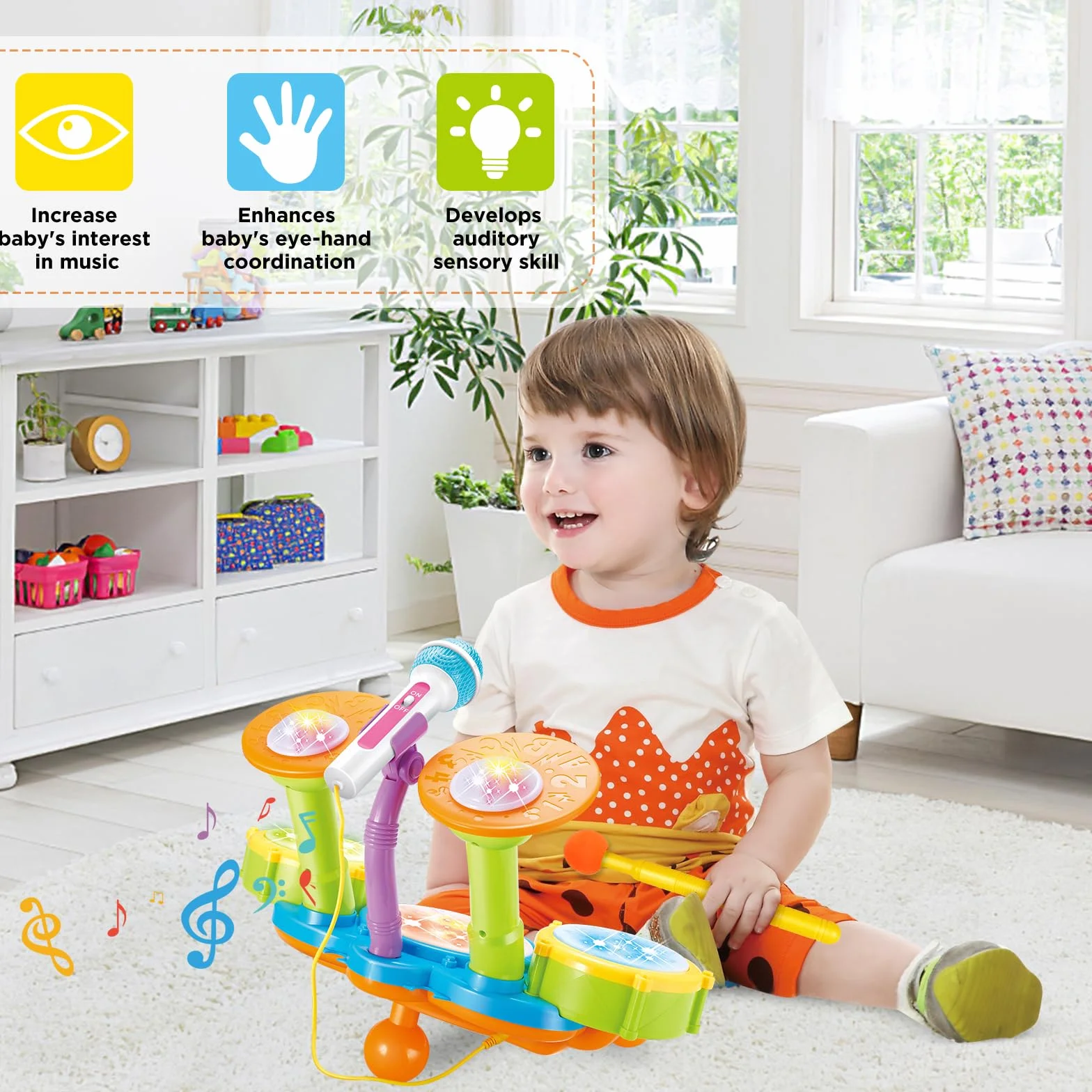 deAO Tamburo Bebe,Set di percutions per principianti, con 3 batterie e microfono, 18 canzoni, 2 bacchette, effetti sonori e luminosi che rendono questo kit batteria bambino strumento