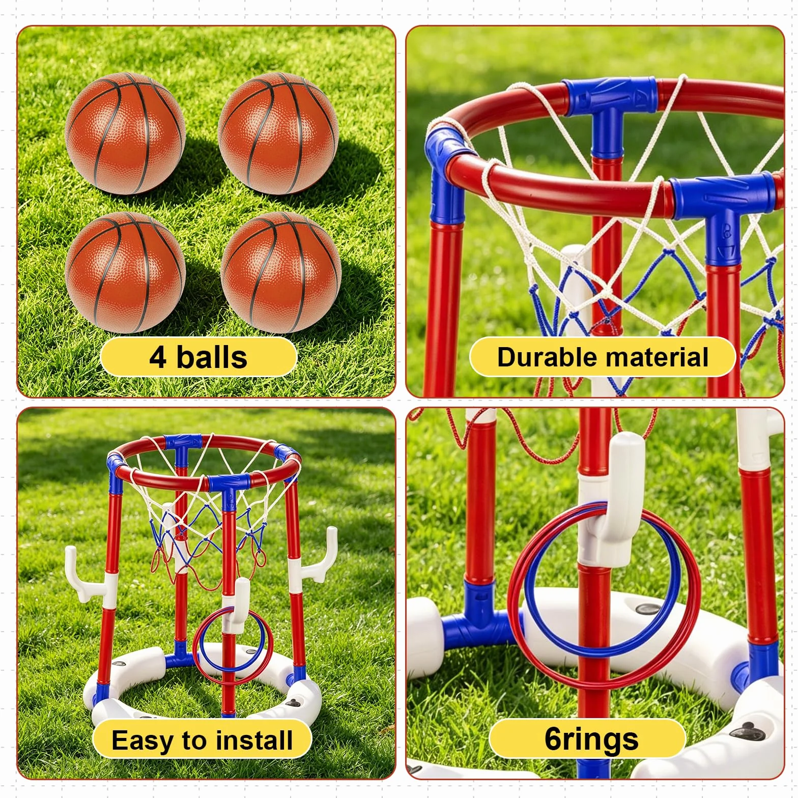 Giocattoli da basket per piscina, cestino da basket galleggiante per piscina con 4 palline, 6 anelli e pompa, ideale per bambini e adulti per divertirsi in acqua