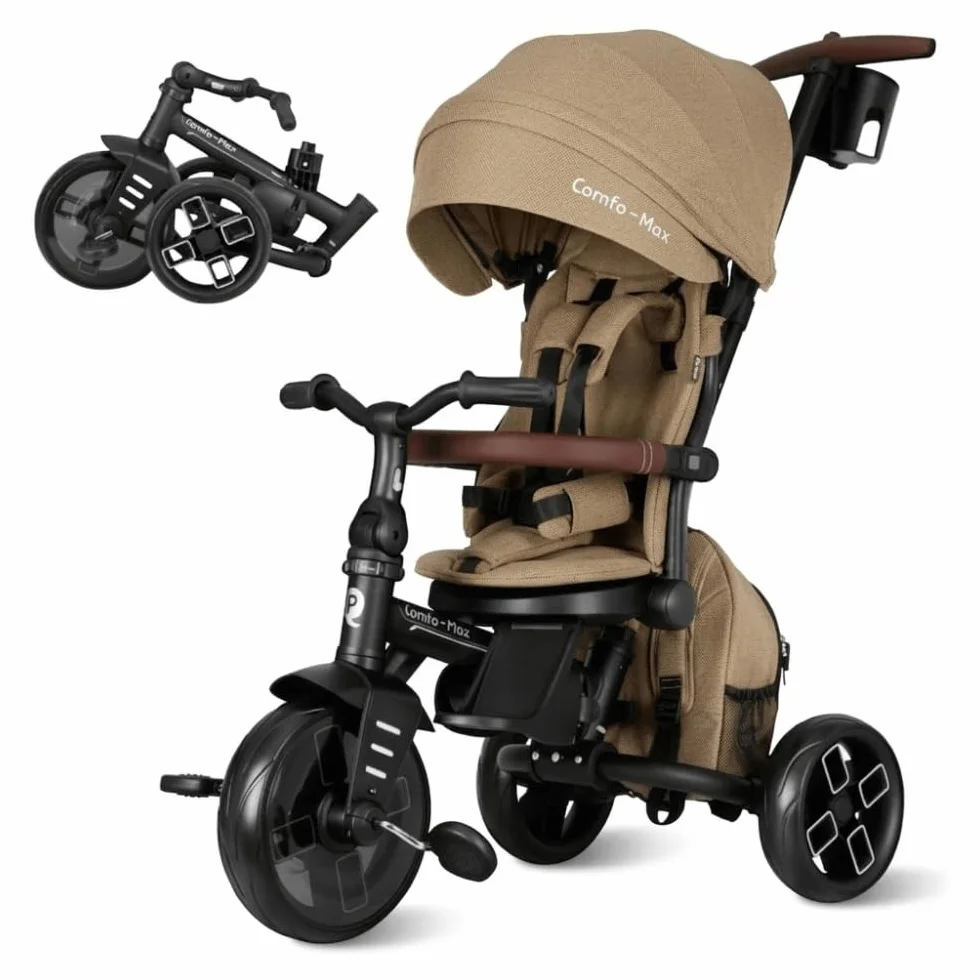 Qplay Triciclo Evolutivo COMFO MAX 6 in 1 nero | Triciclo Bebe 1 anno pieghevole in alluminio con seduta a 360°, reclinabile e capottina - per neonati da 10 a 72 mesi (beige)
