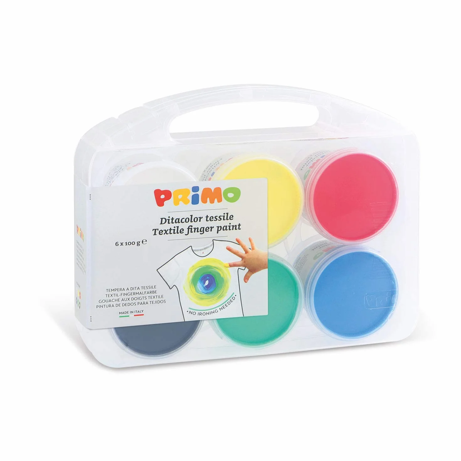 PRIMO - Valigetta Colori per Bambini +2Anni Prima Infanzia 6 Colori per Tessuti a Dita 100g, Pittura per Tessuti Resiste Lavaggio 30°, Tempere per Lavoretti Creativi Dermatologicamente Testate