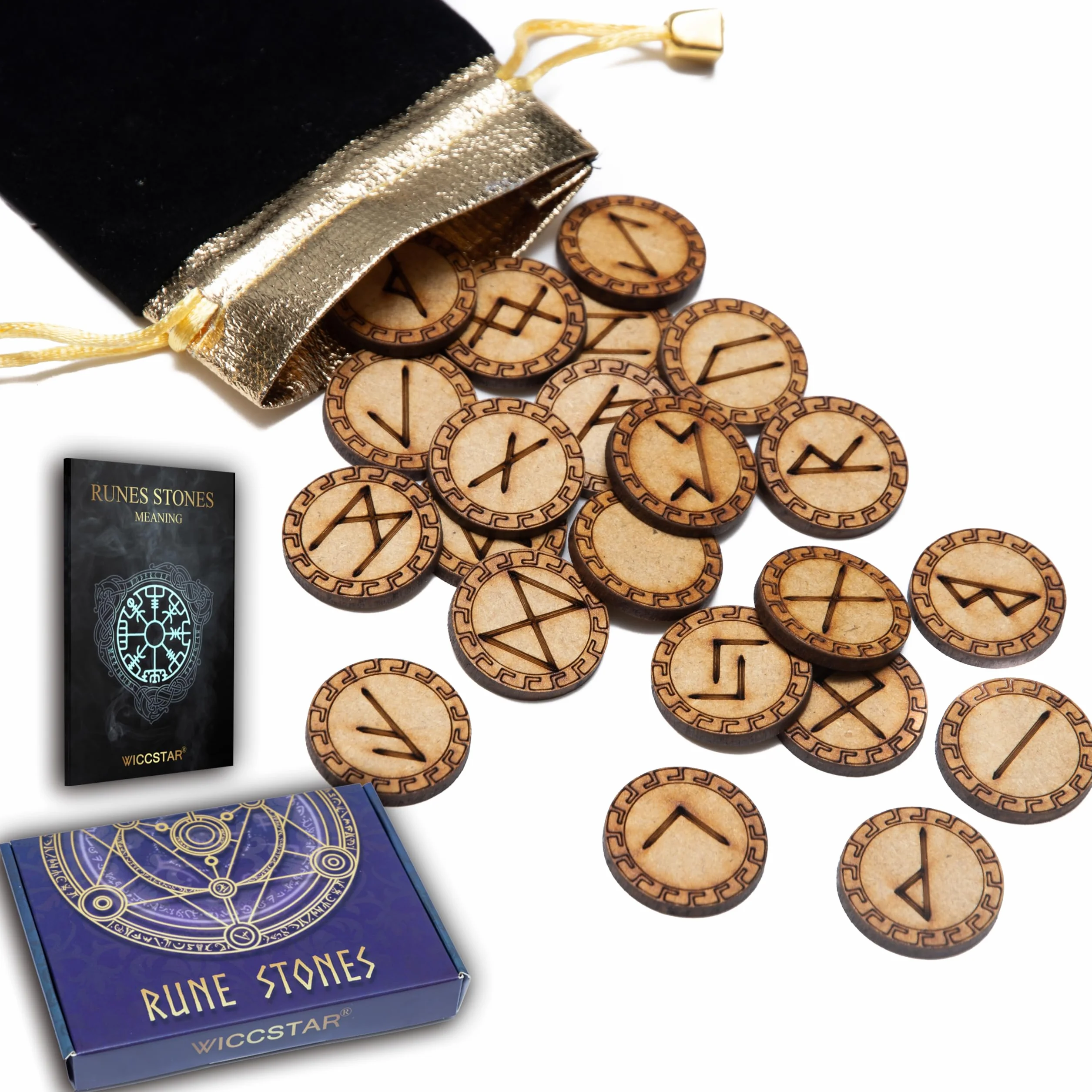 Set di pietre runiche WICCSTAR. 25 pezzi in legno intagliati con 5 diversi layout e libretto dei significati delle rune