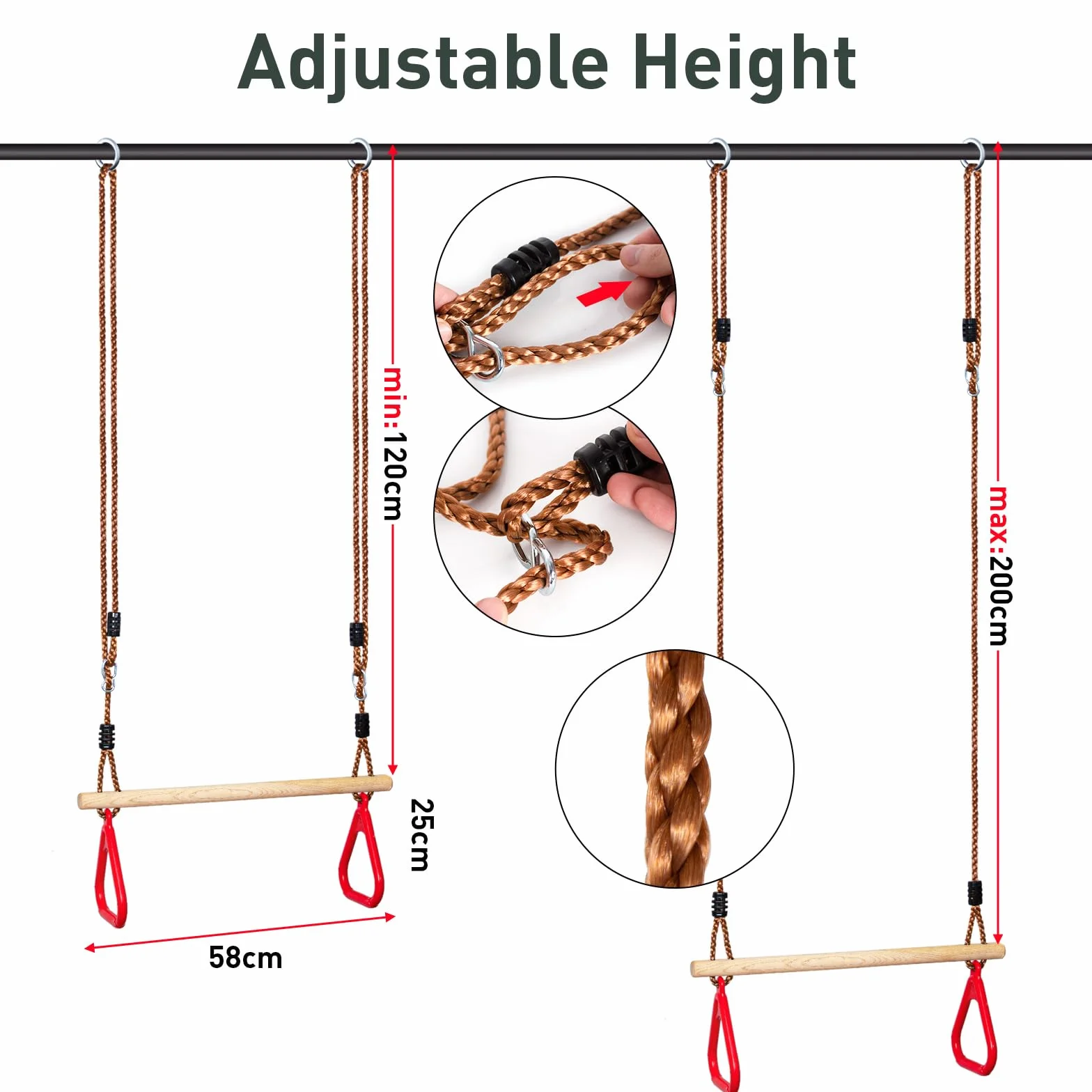 Leogreen - Trapezio in Legno con Anelli da Ginnastica, Barra per Trazioni per Fitness all'Aperto, Colore Rosso