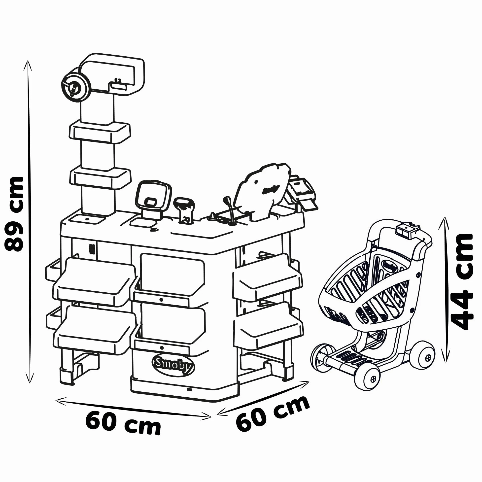Smoby - Supermercato - Carrello della spesa per bambini - Carrello della spesa incluso - Bilancia meccanica - Funzioni elettroniche - 42 accessori - Dai 3 anni - Prodotto in Francia