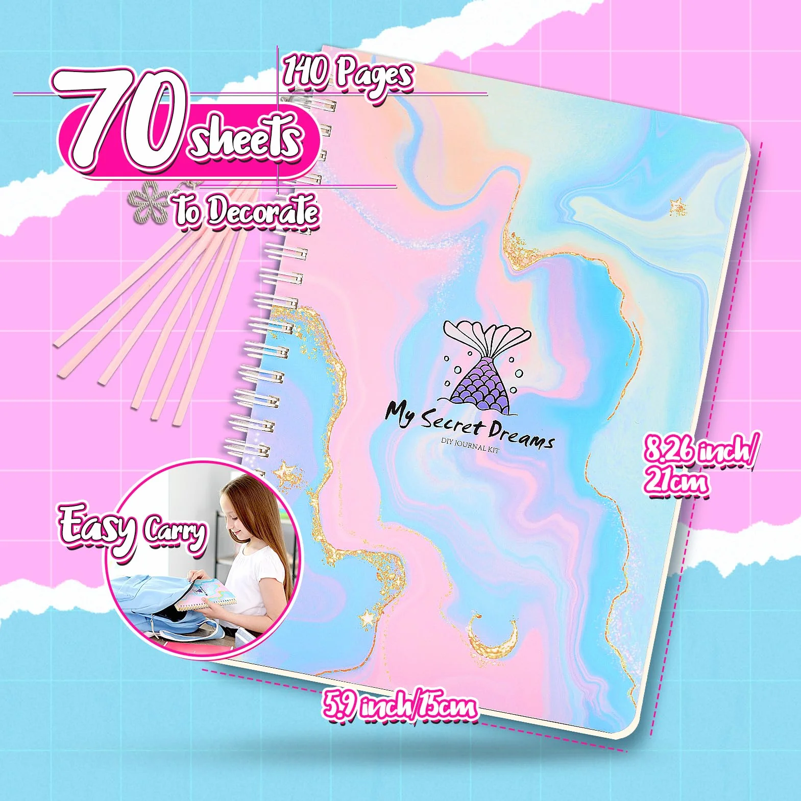 HappyKidsClub Regalo Bambina 4-10 Anni, Diario Segreto Scrapbooking Giochi 6-10 Anni Femmina, Cancelleria Gadget Compleanno Bullet Journal