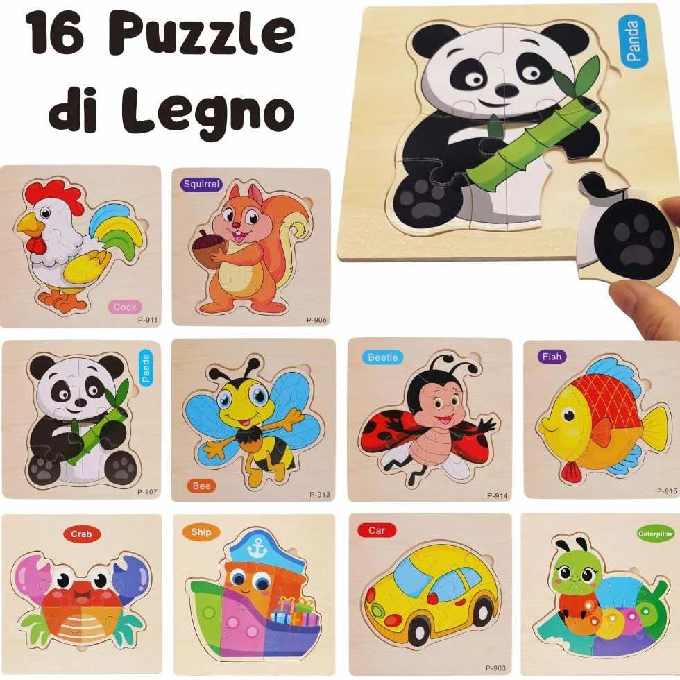 16 PCS Puzzle in Legno per Bambini di 1, 2 anni e 3, Regali per Compleanni e asilo nido, Giocattoli Educativi Montessori, Regali Originali, Puzzle in Legno con Animali (16 PUZZLE)
