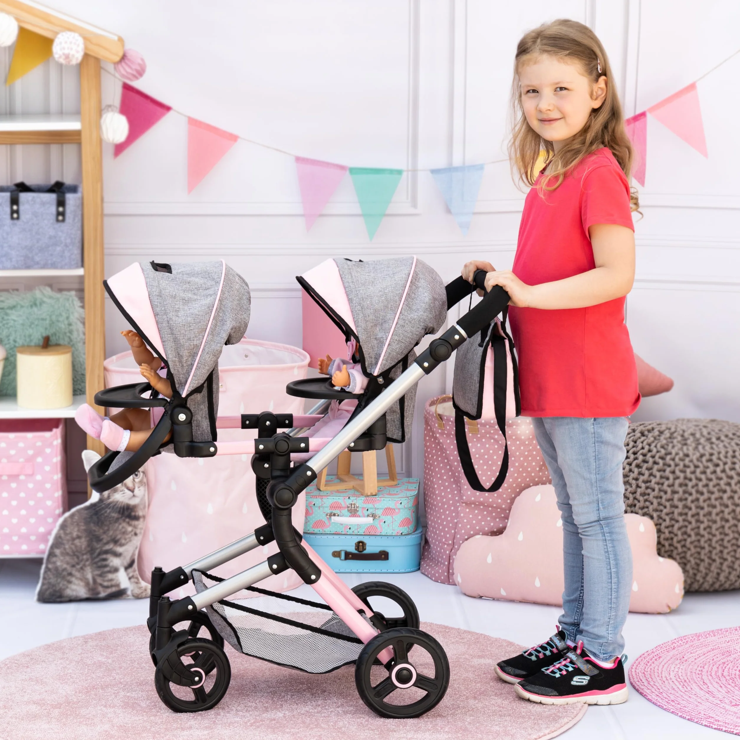 Bayer Design 26233AA carrozzina gemellare per bambole Twin Neo con borsa, passeggino doppia, regolabile in altezza, pieghevole, sedili inseribili singolarmente, ruote anteriori piroettanti