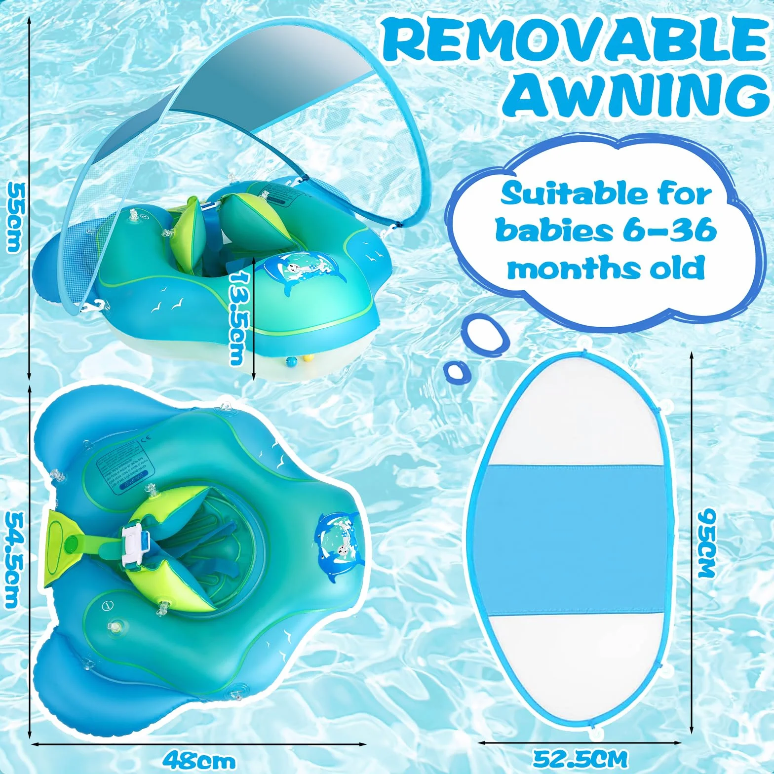 Salvagente Neonato con Parasole, Salvagente Gonfiabile per Bambini, Salvagent Gonfiabile per Piscina Regolabile Doppio Airbag Anello, Anello di Nuoto per Bambini per Bambini da 6 a 36 Mesi