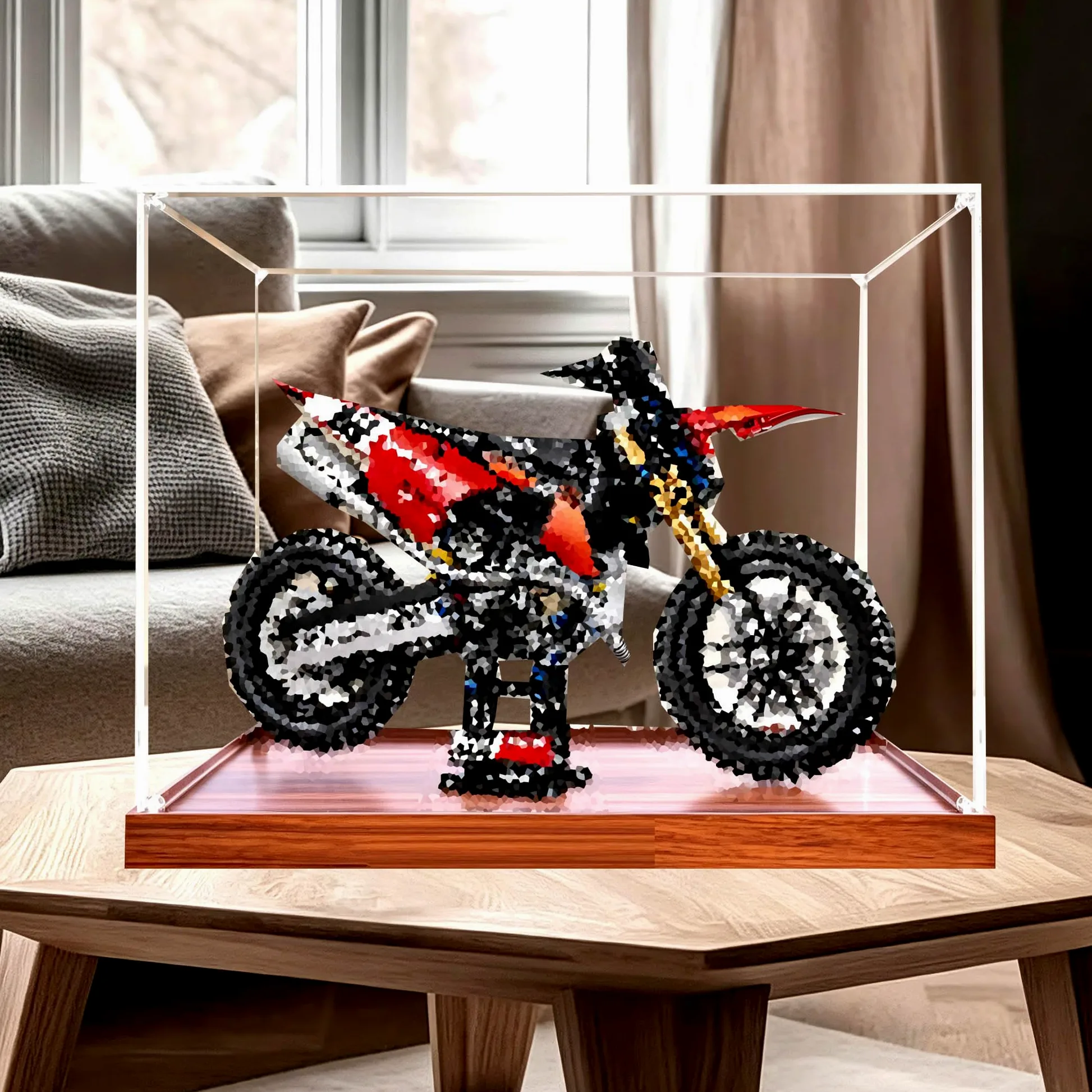 Vetrina acrilica per Le-go 42238 moto set (legno 2 mm) | Scatola da vetrina antipolvere, per riporre la casa, compatibile con moto 42238 (solo scatola)
