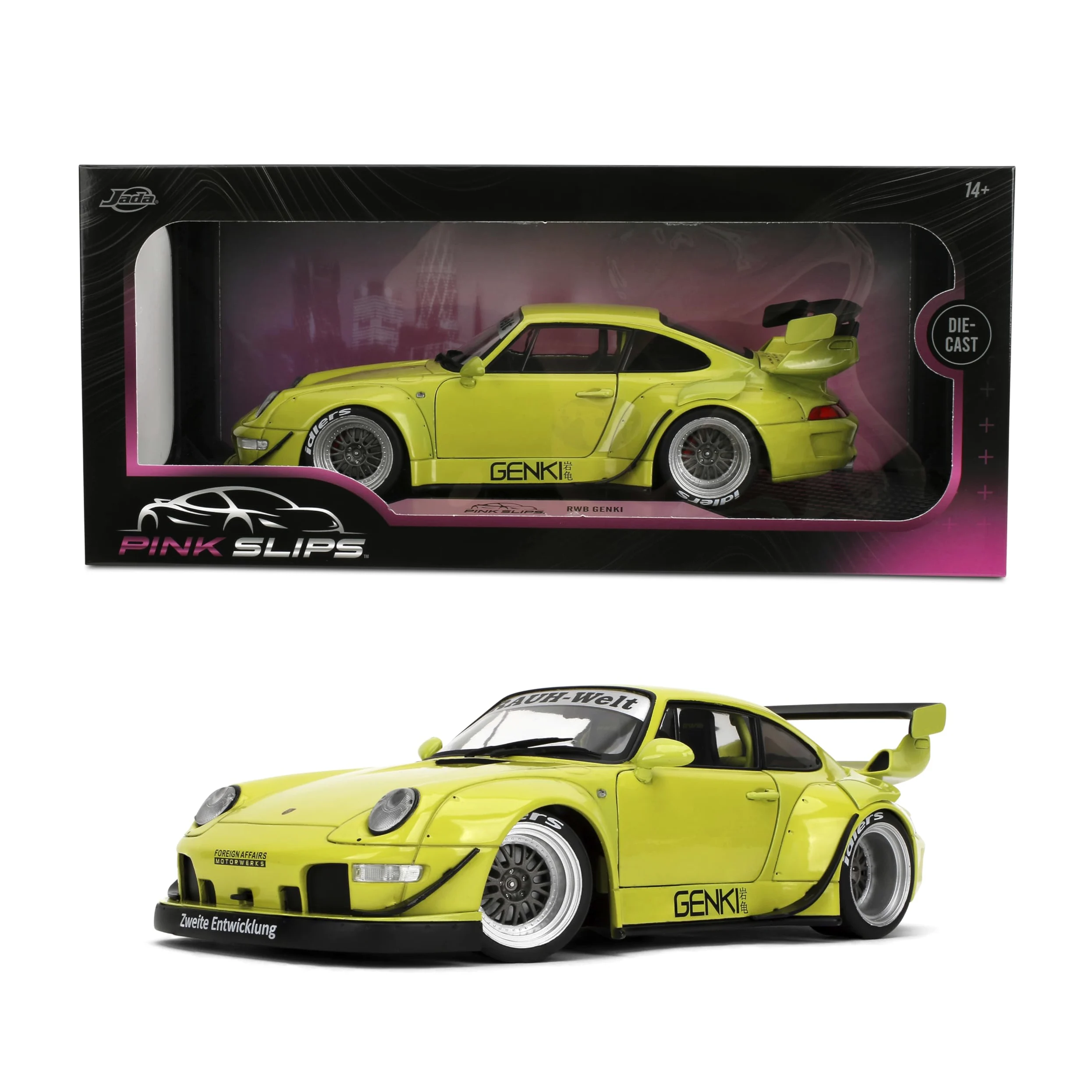 Modellino auto pressofuso in scala 1:18 compatibile con Porsche RWB Genki Yellow Jada Pink Slips 36472
