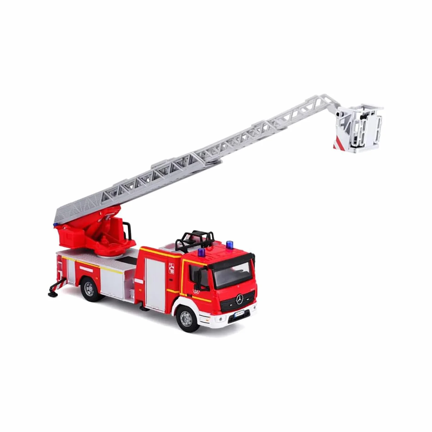 Bburago B18-32018 Camion dei Pompieri Mercedes ATEGO Magirus DLK pressofuso con Braccio funzionante, Rosso, Medio