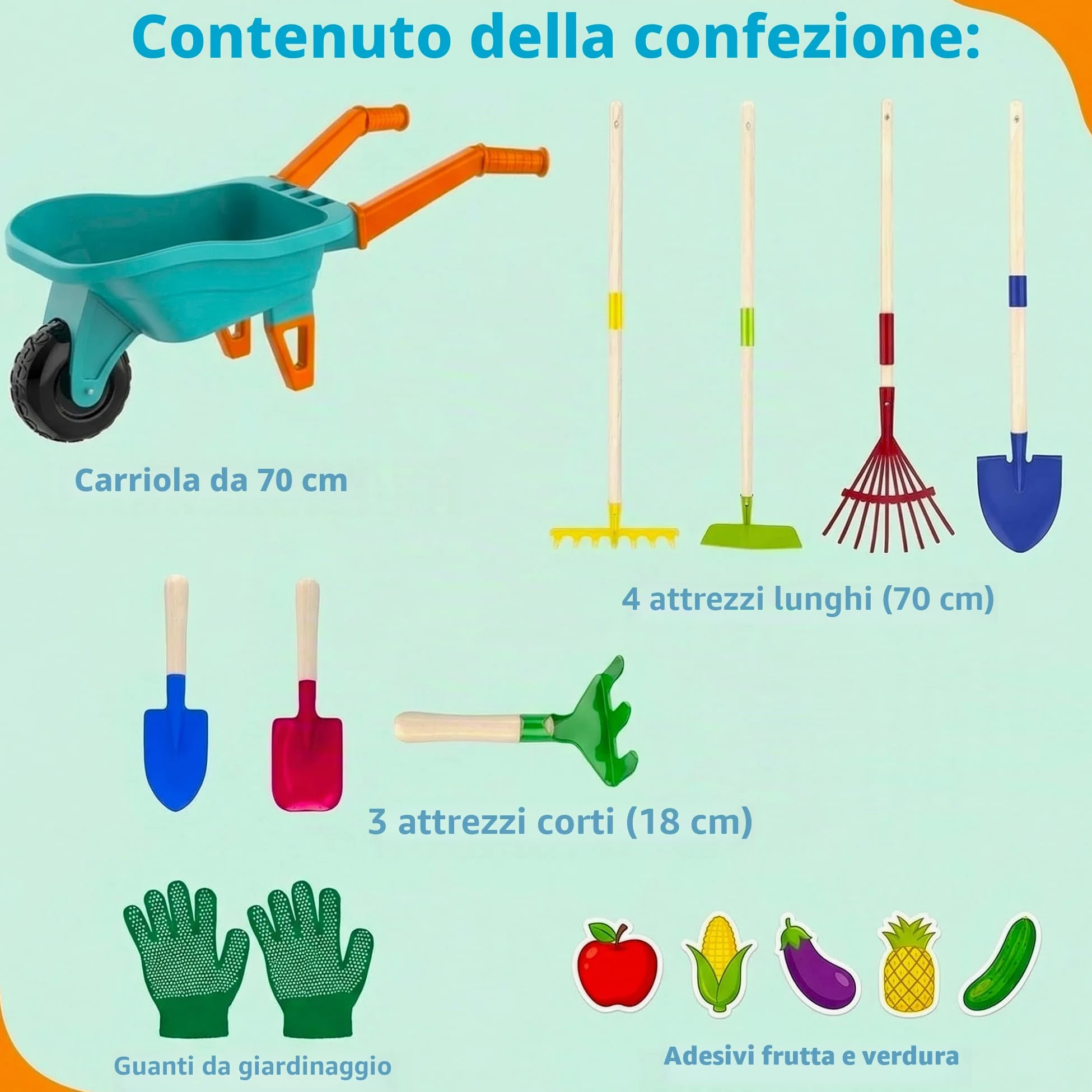LATERN Set di Attrezzi da Giardinaggio per Bambini, 70CM Carriola con 70CM Metallo Pala Rastrello Zappa Foglie Rastrello 20CM Pala Rastrello Guanti per Esterni Giardino Cortile Prato Scavare Giocare