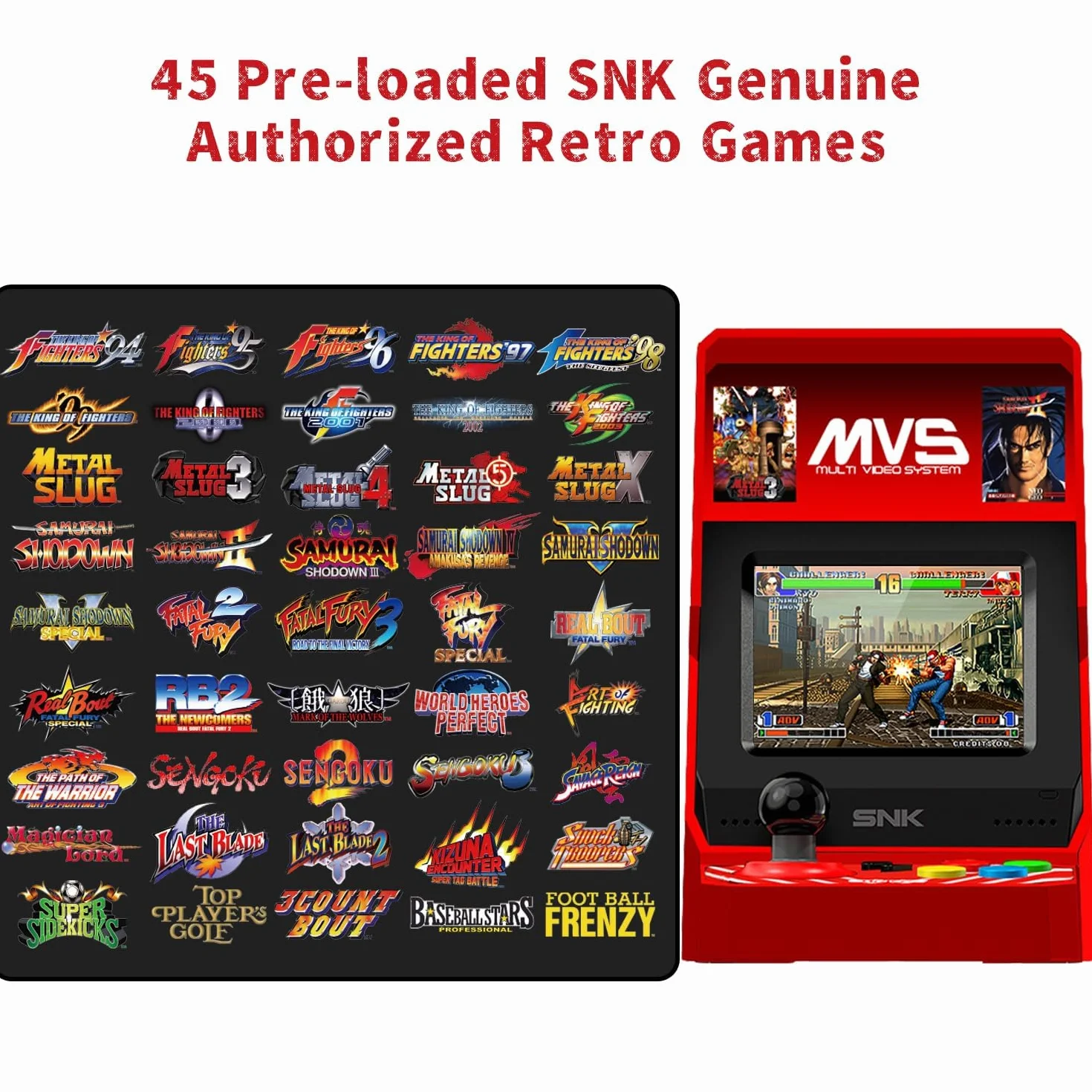 UNICO MVS Mini Arcade, 45 Gmeas Classici con Licenza SNK, Tra cui The King of Fighters, Metal SLUG ecc., Supporta Uscita HDMI per Schermo Grande / 2 Porte per Gamepad / Regali per Adulti e Bambini