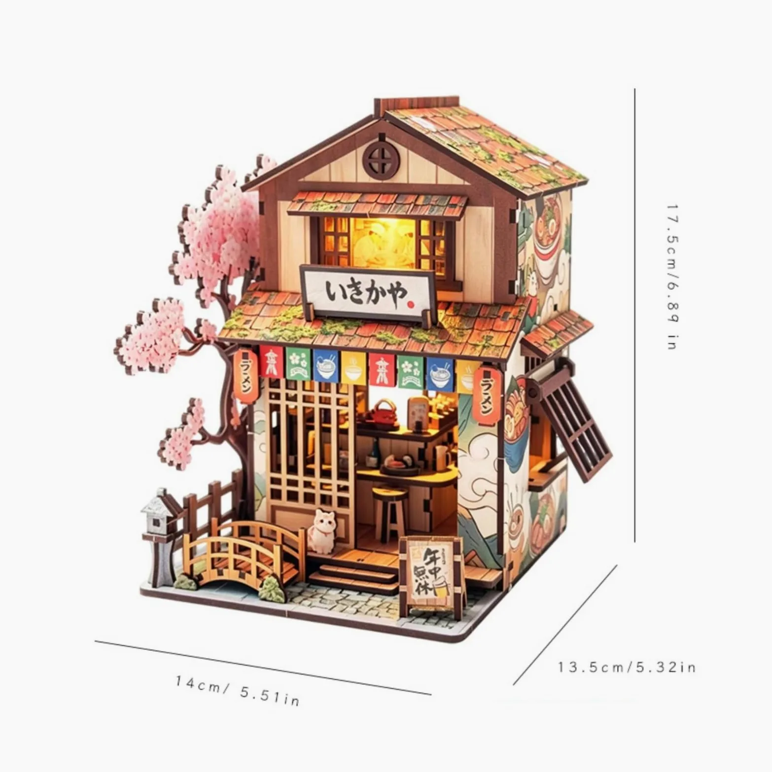 Miniatura Edificio Blocchi Costruzione Kit Modello Casa Vetrina Ornamento Tavolo Illuminazione Calda Legno con Tetto a Strati Finestre a Porta Insegna