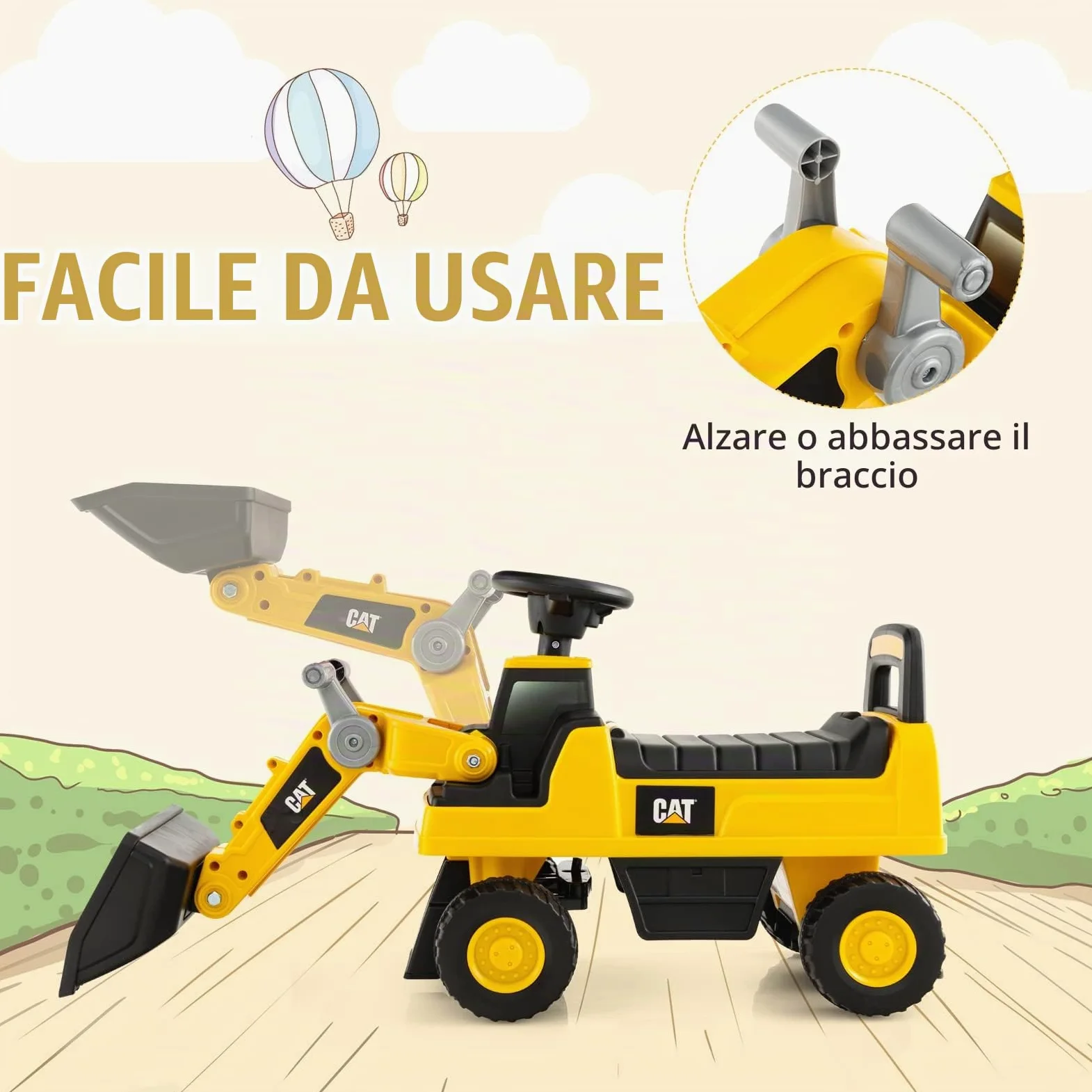 GYMAX Ruspa Giocattolo per Bambini, Escavatore Cavalcabile con Benna Regolabile, Clacson e Spazio di Archiviazione Nascosto, Pneumatici Anti-scivolo, 1-3 Anni