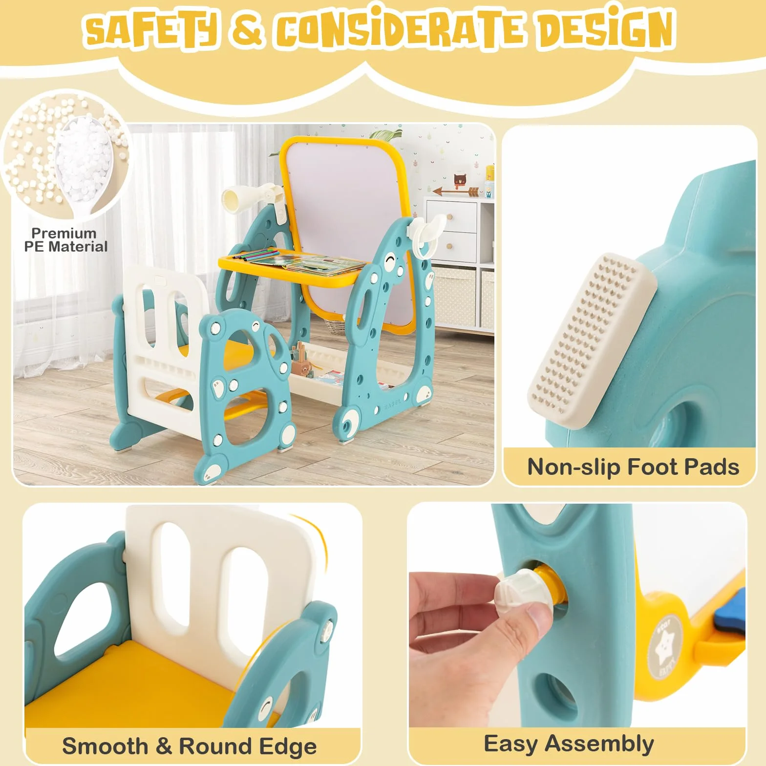 HOMASIS Cavalletto da pittura per bambini con sedia, lavagna per bambini ad altezza regolabile, tavolino multifunzione e salvaspazio, con penne, gomma per lavagne bianche, blu e giallo