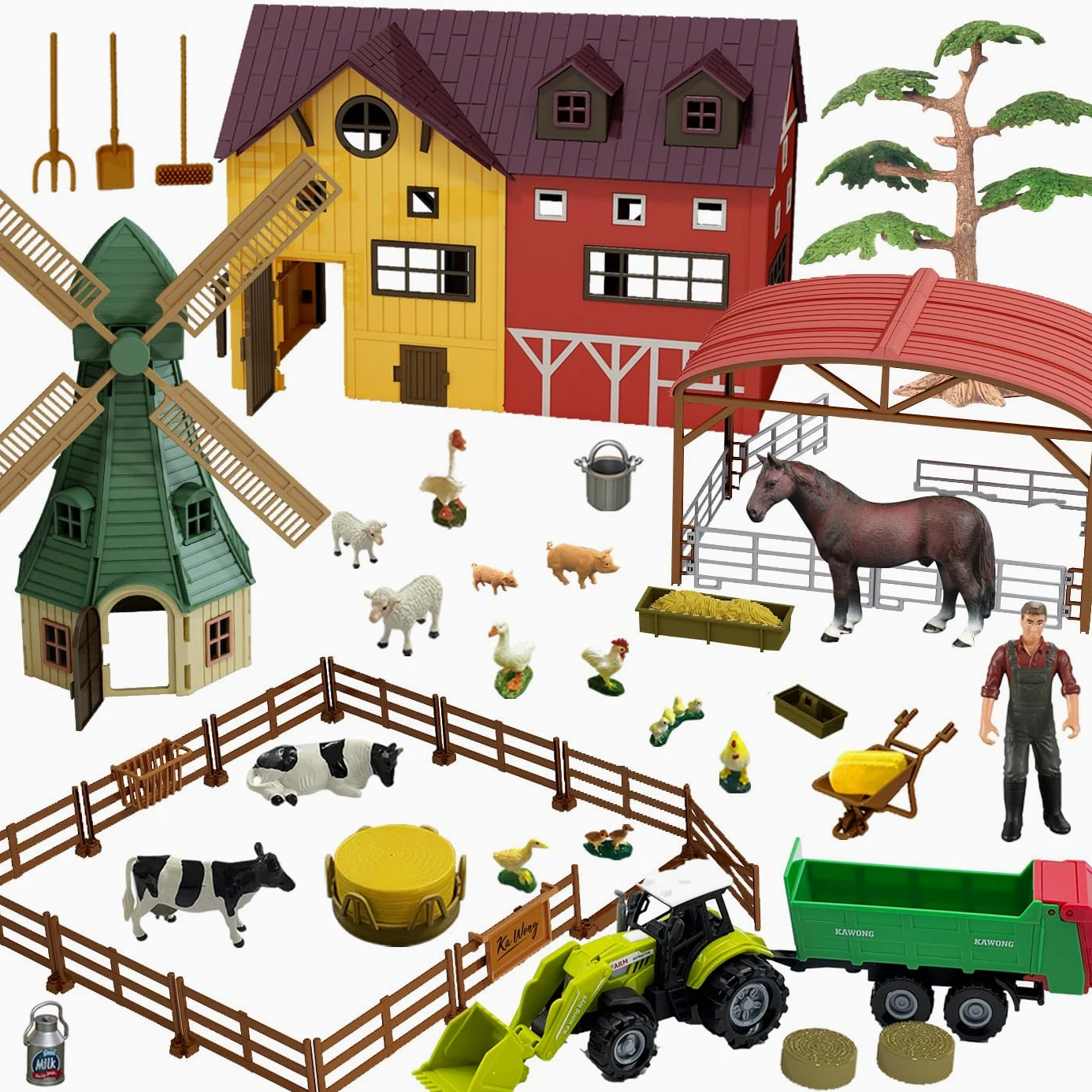 Farm Toy Playset Set di giocattoli animali della fattoria con mulino a vento casa cavallo stalla trattore rimorchio figurine animali agricoltore recinto gioco per bambini ragazzi ragazze per 3-7 anni
