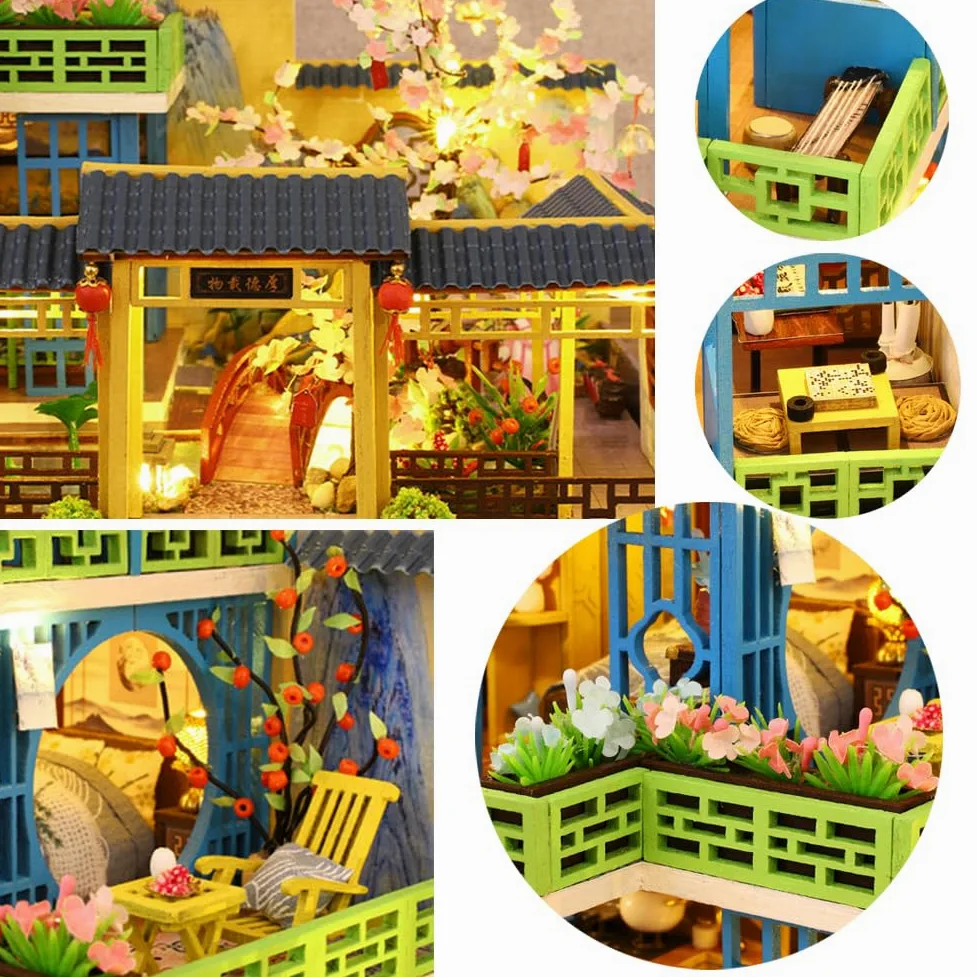 Casa delle bambole in miniatura in stile cinese a tre piani, mobili in legno, kit fai da te per casa delle bambole con LED per stanza creativa, regalo per adulti e bambini