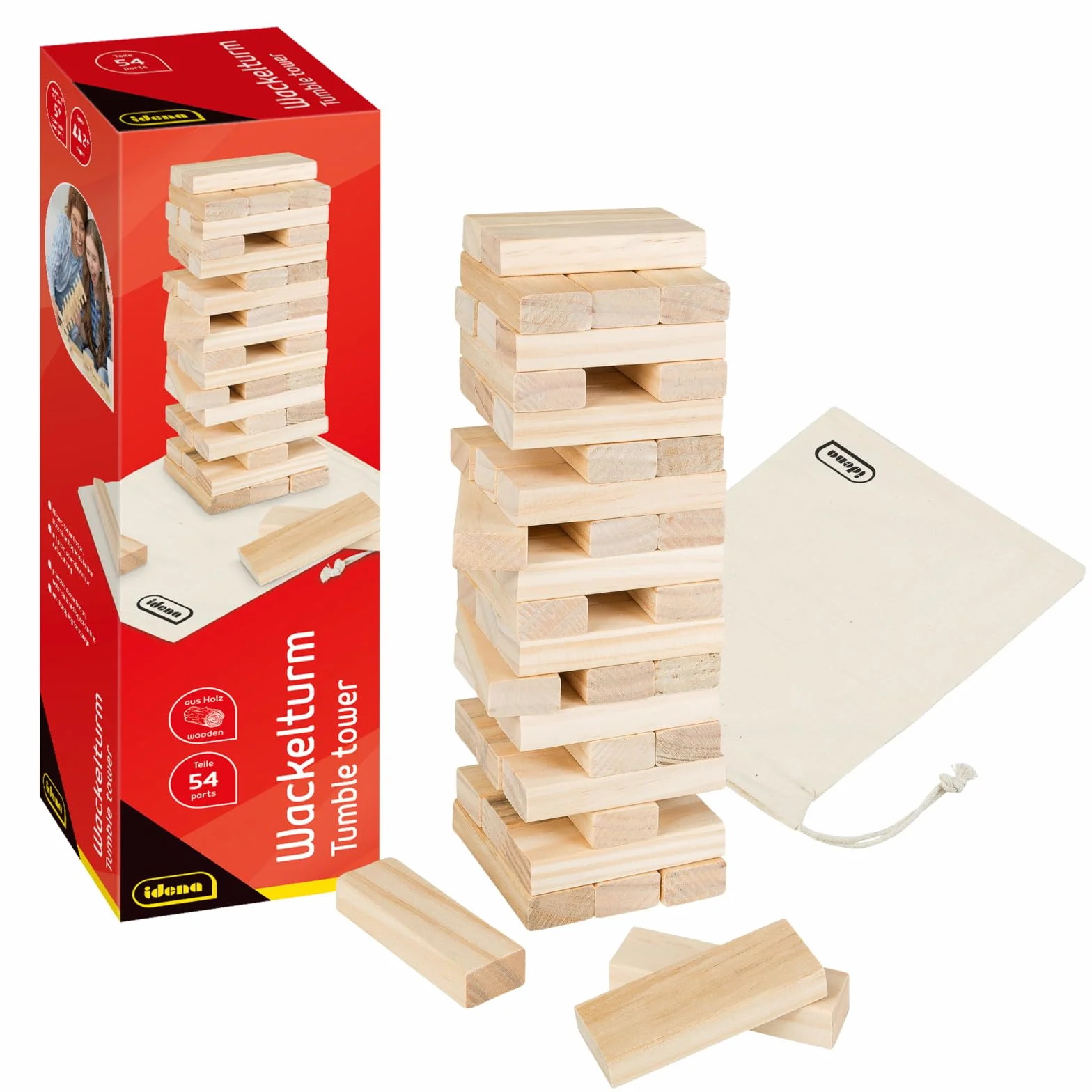 Idena 40087 - Gioco della torre Wobble in legno, gioco di abilità con 54 blocchi da costruzione e borsa per riporli, circa 8 x 8 x 26 cm torre impilabile grande