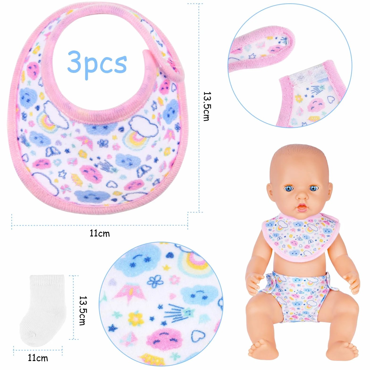 Aolso Bavaglini e Pannolini per Bambole, Set di 9 Accessori per Bambole Bavaglini e Pannolini in Tessuto per Bambole, Calzini per Bambole, Lavabile, Riutilizzabile, Idee Regalo per Bambini