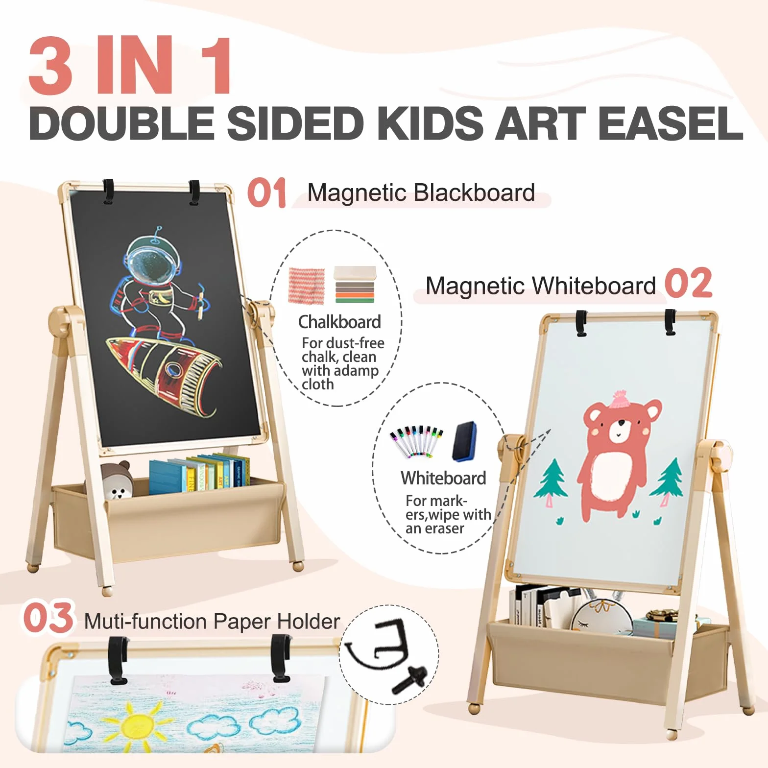 Lavagna per Bambini 3 in 1 Cavalletto Artistico Doppia Faccia Regolabile Altezza Girevole 360° con Lettere e Numeri