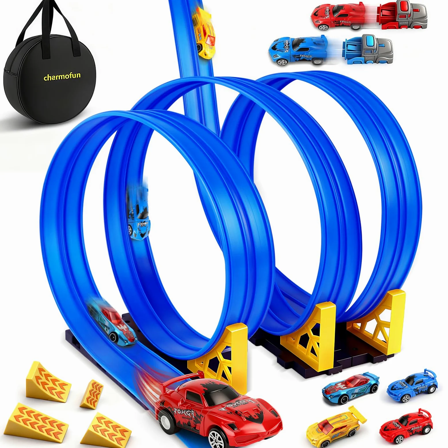Charmofun Pista Macchinine Flessibile 5M, Giocattolo Piste da Corsa con 4 Auto, Borsa con 4 auto, 2 lanciatori, 8 rampe triangolari e 8 ventose, Portatile Pista per Bambini 3+ Anni (Blu)