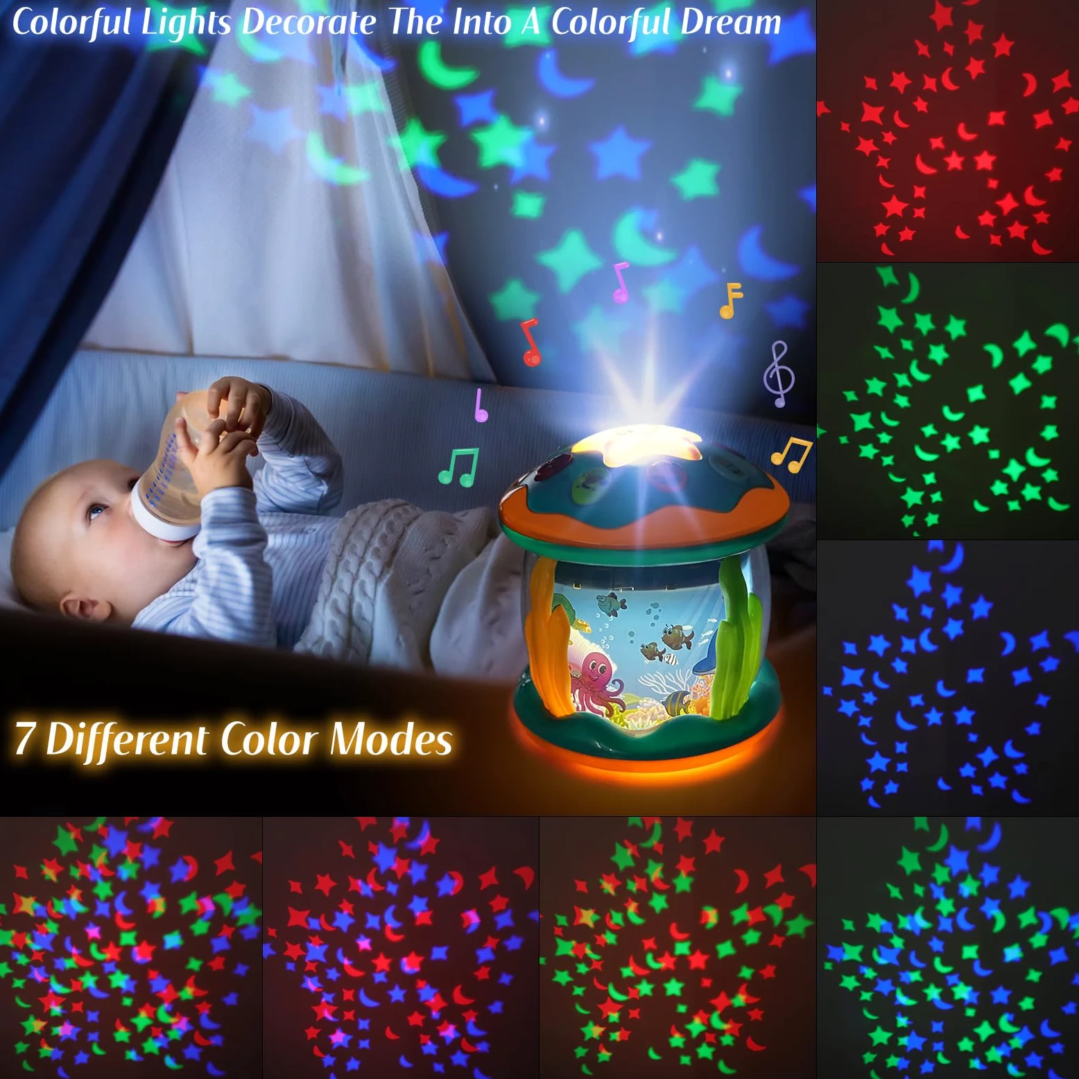 Giocattoli per bambini da 6 a 12 mesi, giocattoli musicali con luce per la pancia, giocattoli per bambini da 3 a 6 7 8 9 12 18 mesi, giocattoli per gattonare, proiettore oceano rotante