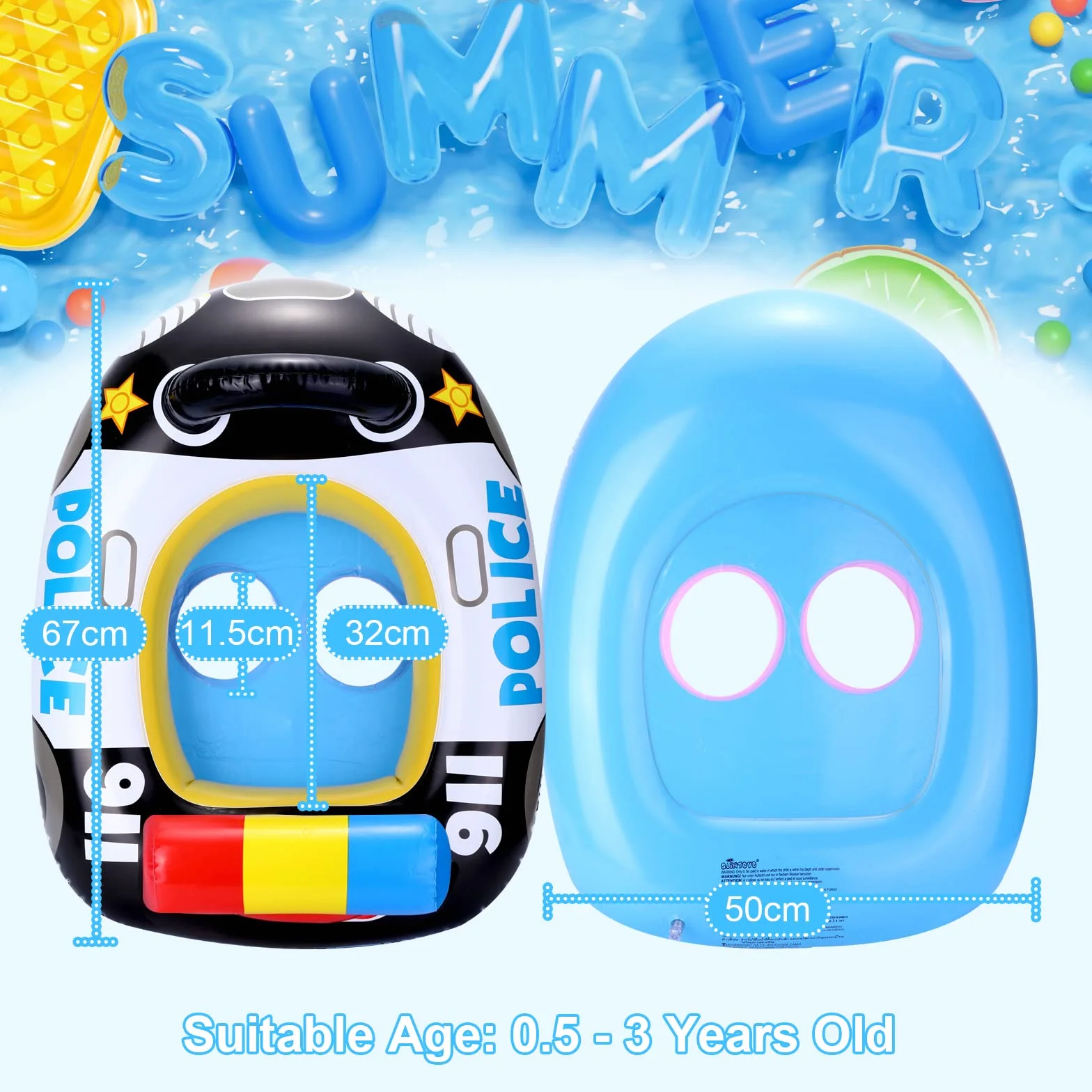 Anello di Nuoto del Fumetto,Auto Della Polizia Salvagente Neonato Galleggiante Gonfiabile del Bambino Dell'anello di Nuoto del Float Salvagente Seggiolino and Gonfiatore Bambini Piscina Giocattolo
