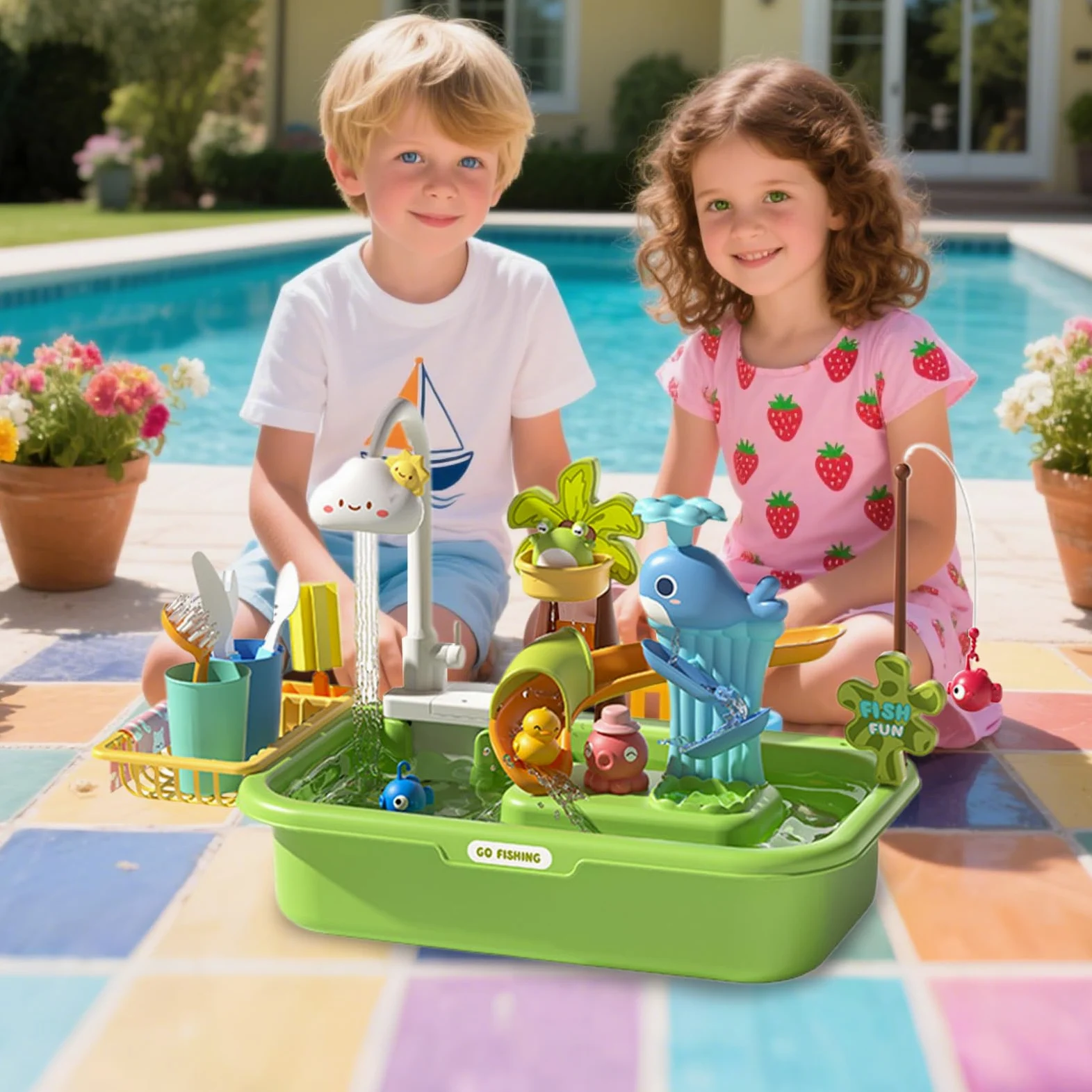 Generico Tavolo Acquatico Tavolo Sabbia e Acqua | Interattivo Educativo Sensoriale con Pompa per Cortile Spiaggia Casa Esterno Sviluppo Abilità Motorie