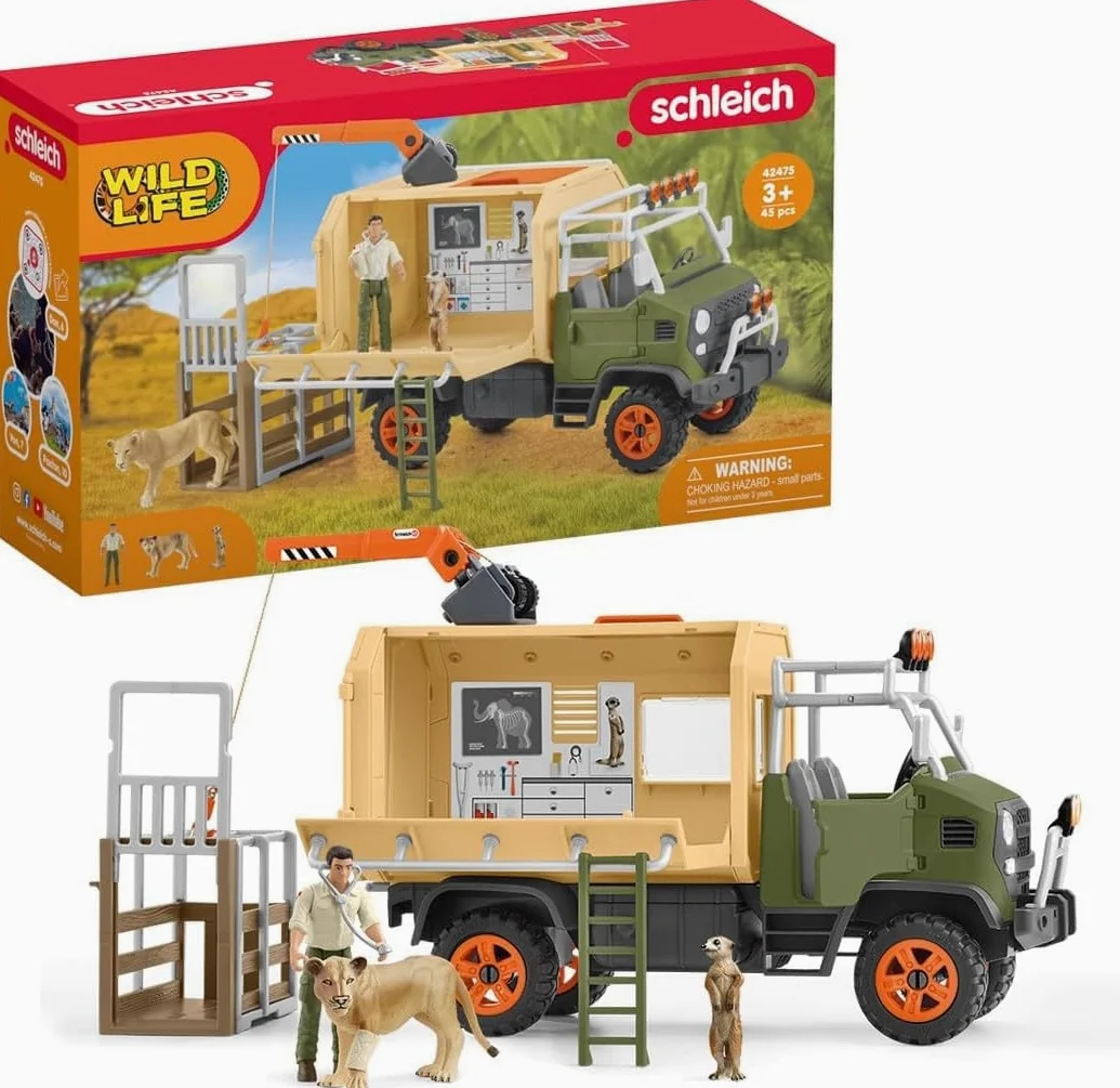 Schleich WILD LIFE | Grande camion di salvataggio animali 42475 | 45 pezzi | set di gioco dettagliato con camion, leone, suricato, ranger snodabile e accessori | personaggi giocattolo per bambini