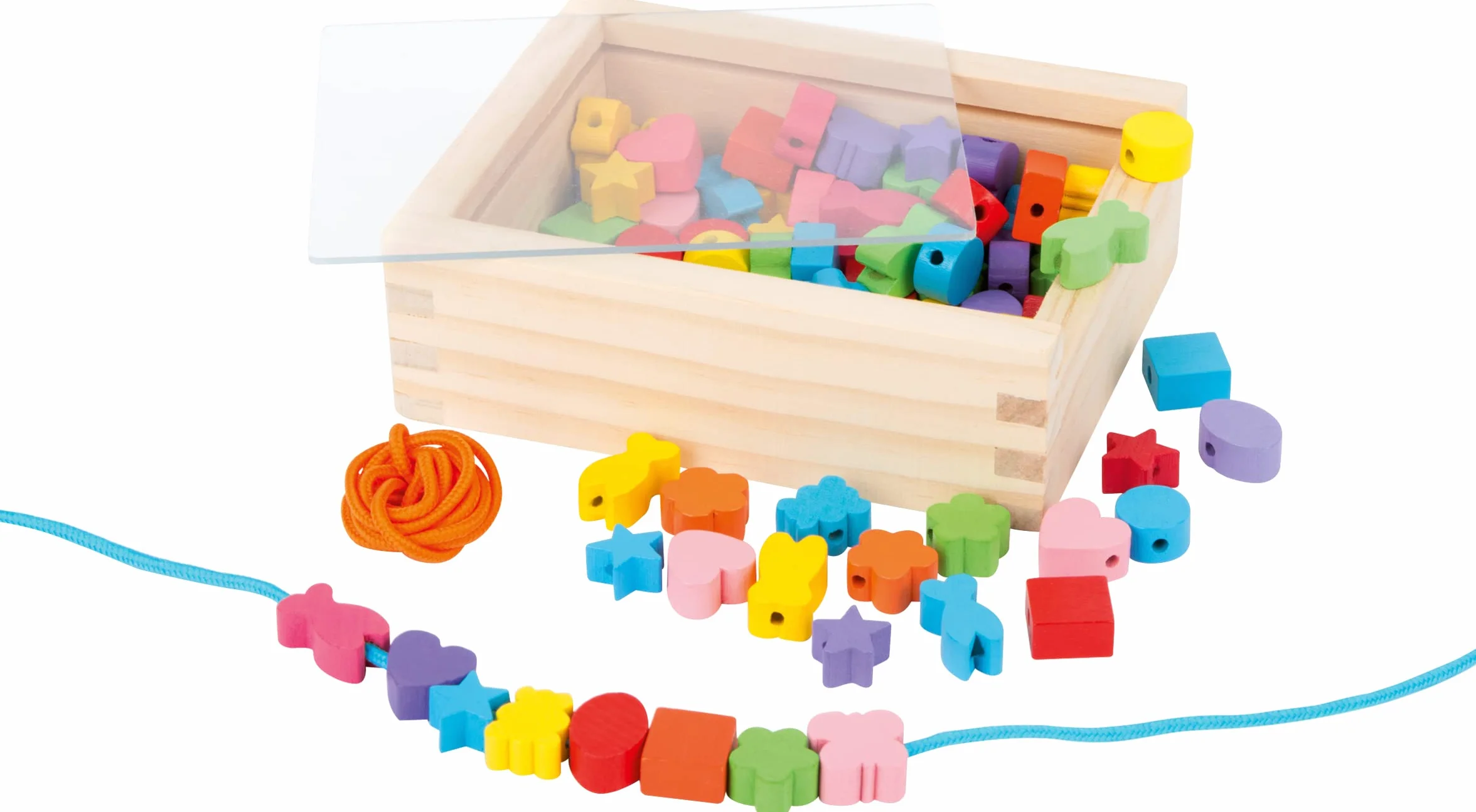 7594 Inserto creativo small foot, con perline di legno in molti colori e forme, nastri inclusi, a partire da 3 anni.