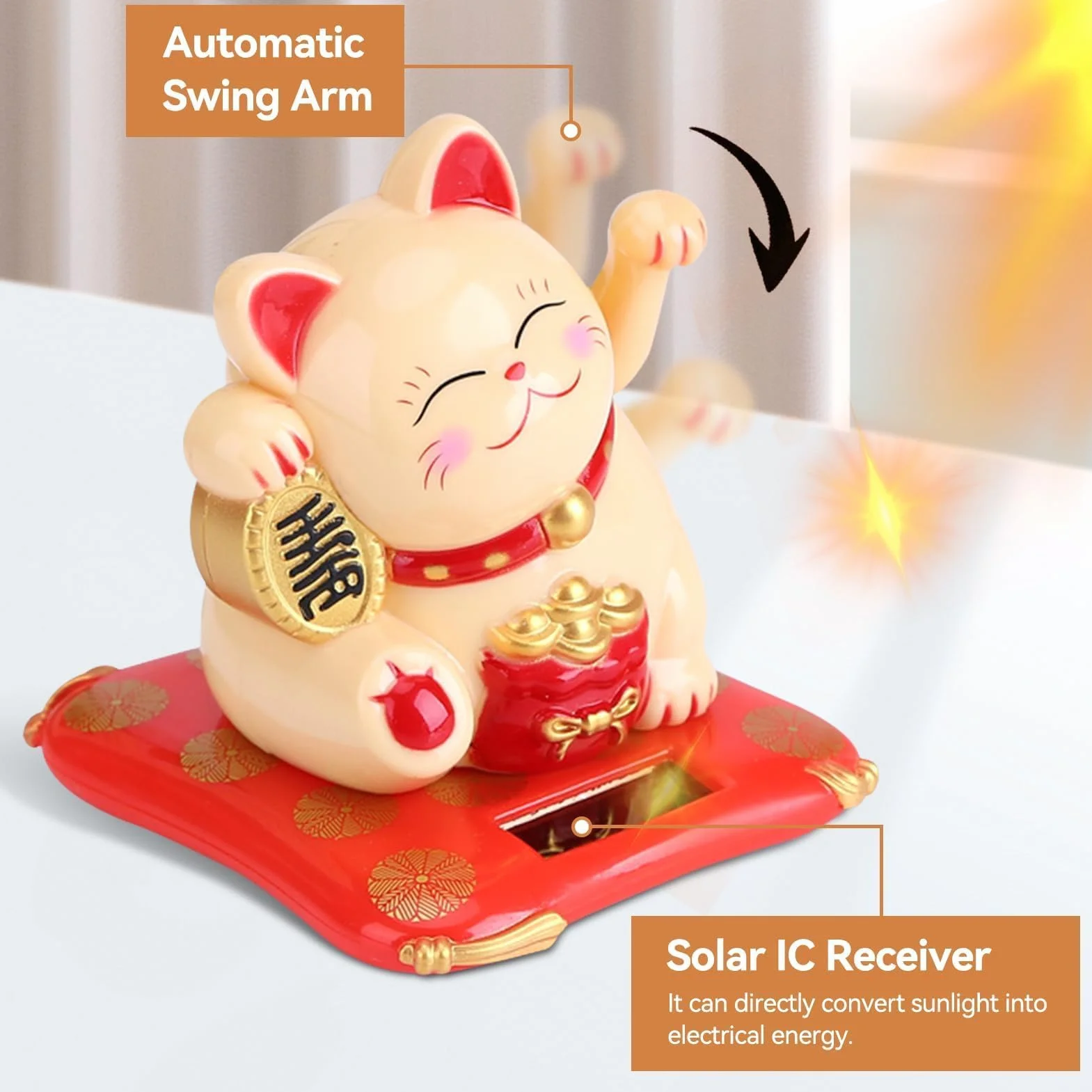Maneki Neko Statua Gatto Giapponese Solare Braccio Ondeaggiante per Decorazione Auto Casa Giallo