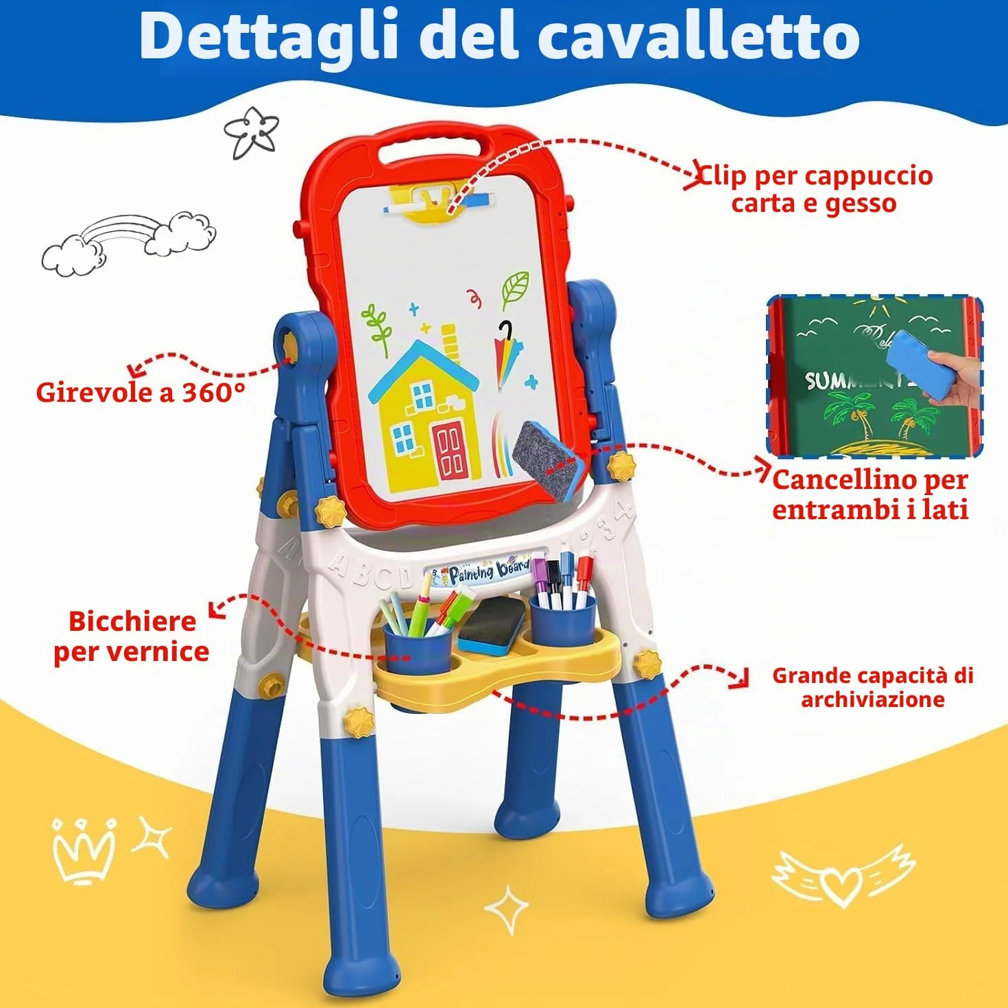 Lavagna per Bambini 4 in 1 con Lavagna Bianco Cancellabile, Lavagna Nera per Gessoi e Magnetica, Cavalletto Pitturai Regolabile Altezza, Giochi Educativi Regalo 2 3 4 5 6 Anni