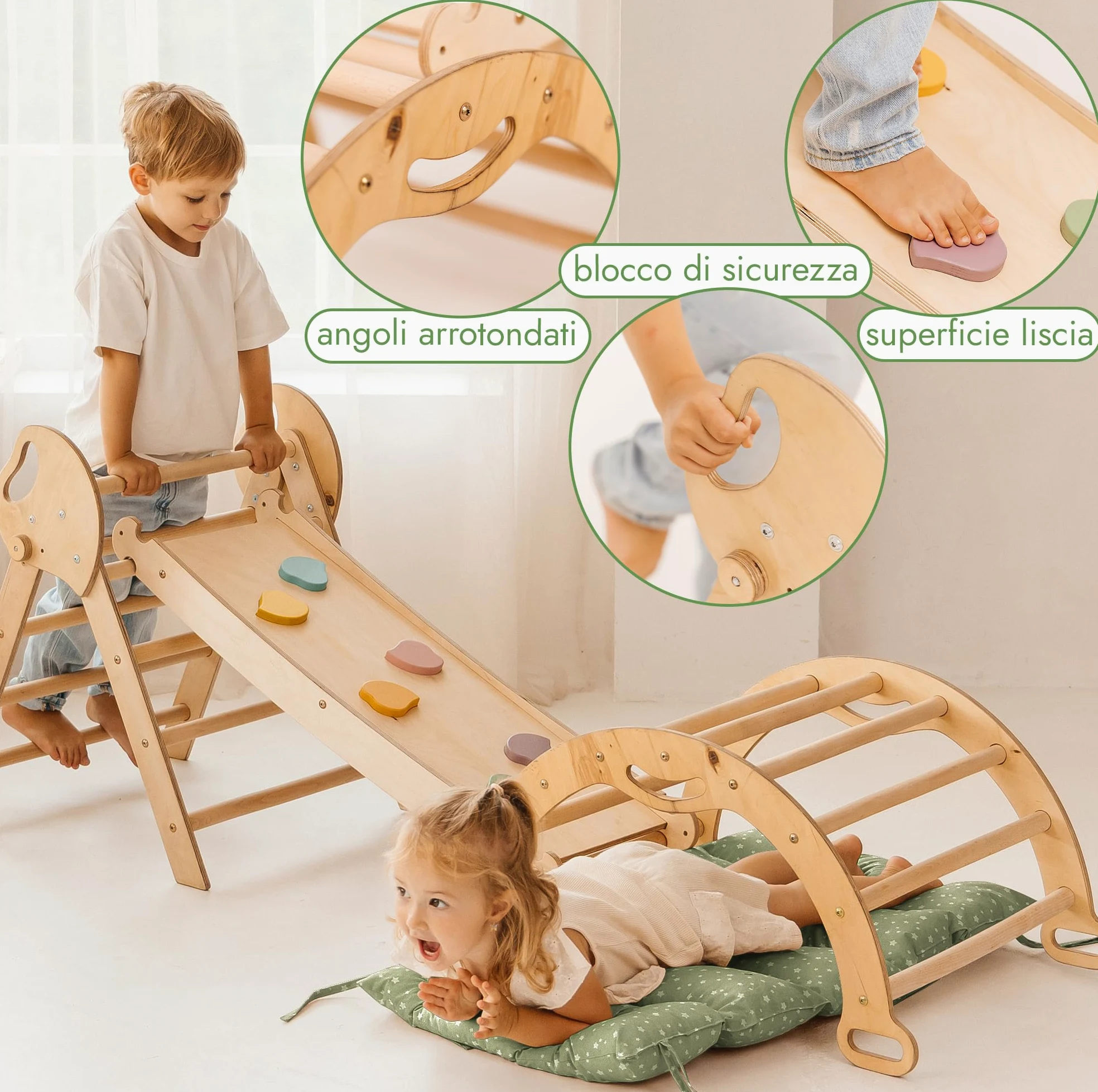 Goodevas Montessori 5 in 1 - Set da Arrampicata in Legno per Interni, con Cuscino Verde e Scivolo per Bambini, Parco Giochi da 1 a 3 Anni, Beige