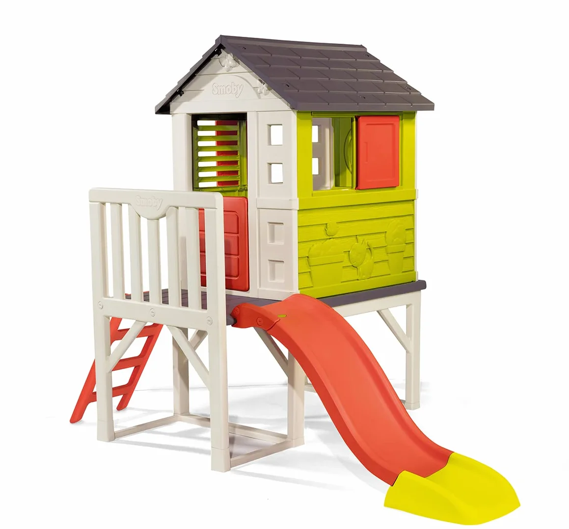 Smoby - Casetta Su Palafitte, 7600810800, + 2 Anni, con Scivolo, Scaletta e Barriera di Protezione, Trattamento Anti Uv