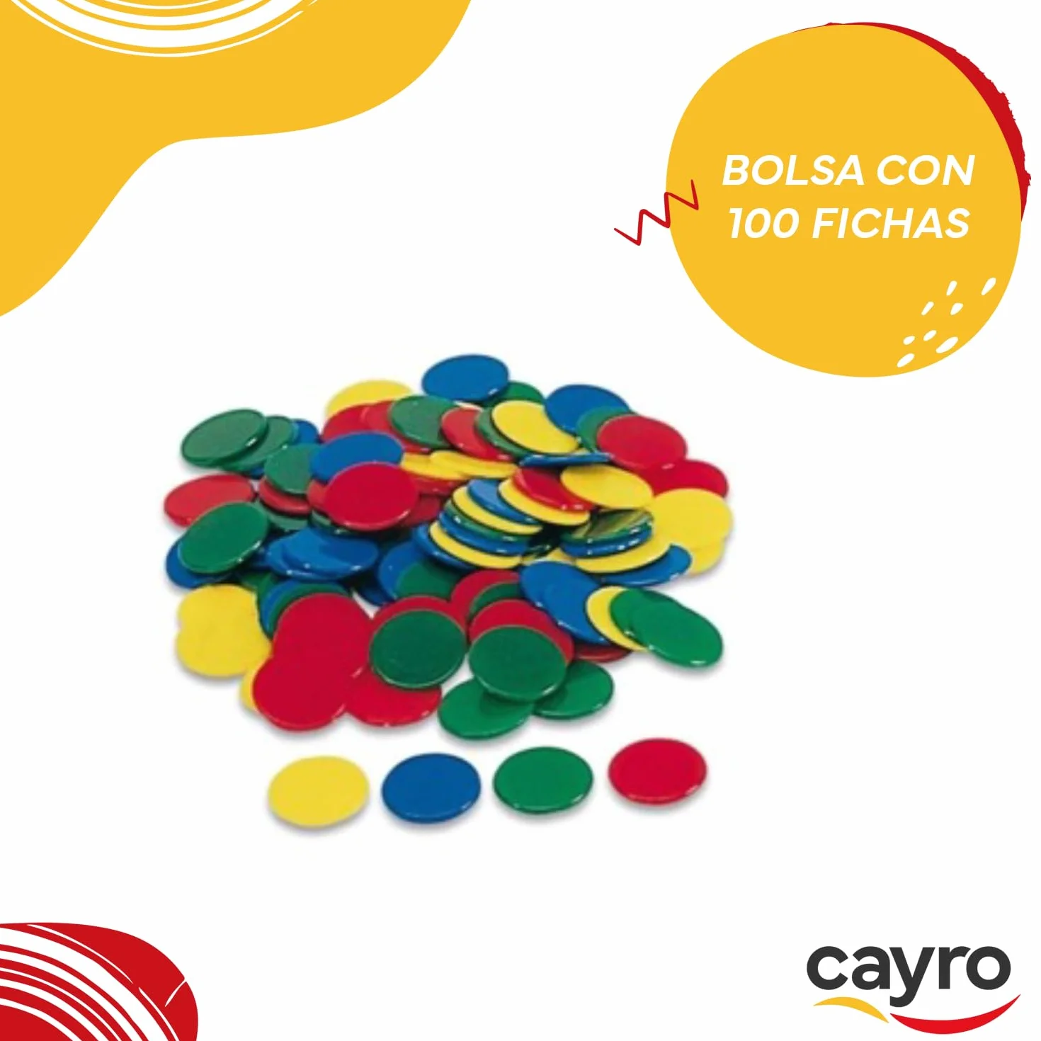 Cayro - Busta Di Gettoni Colorati Da 15 Mm - Gettoni Di Plastica Per Giocare Con Amici E Familiari - 100 Gettoni - Colore: Rosso, Giallo, Verde E Blu