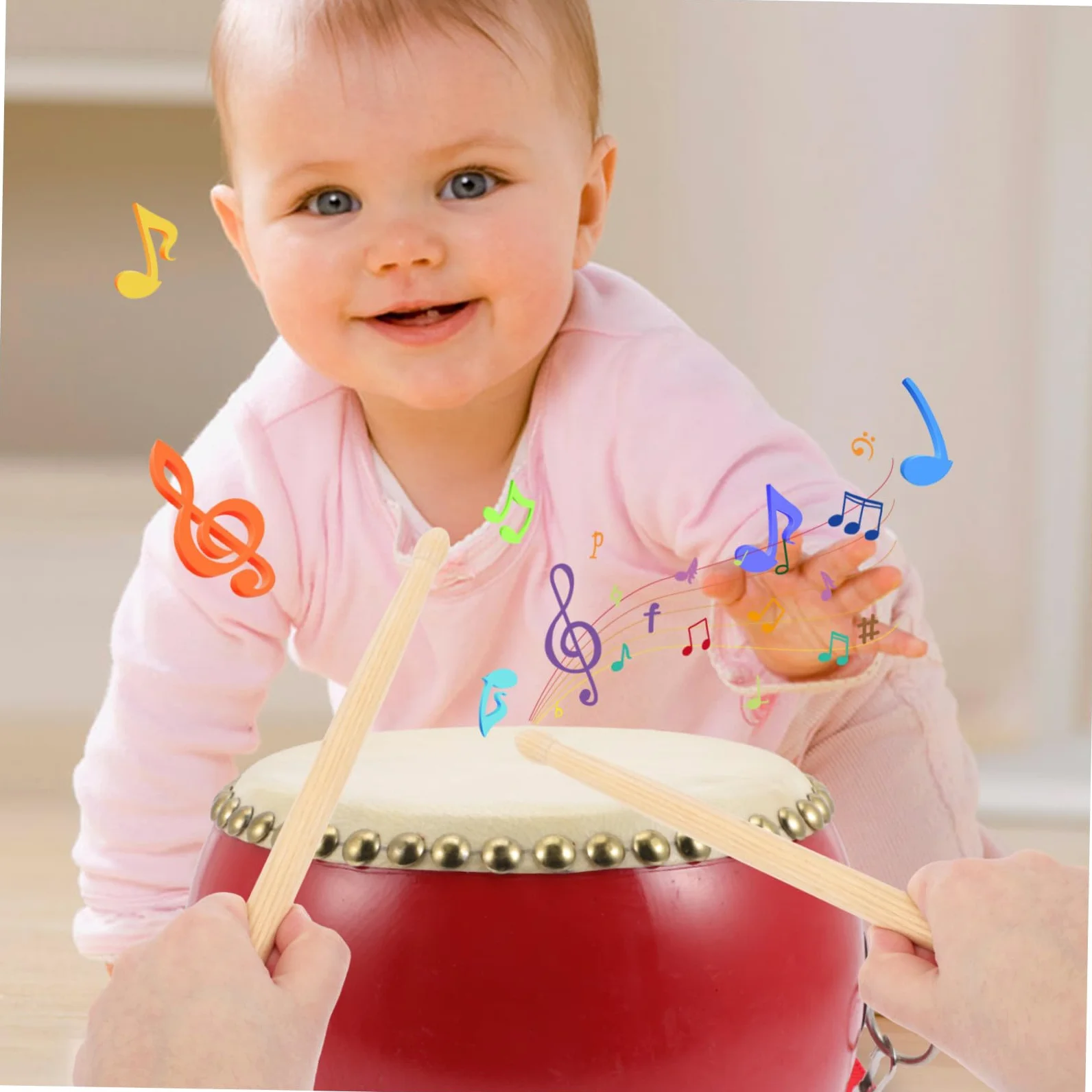 Tamburo Giocattolo in Pelle di Mucca in Legno Rosso | Strumento Percussione Musicale, per Feste di Celebrazione, per Bambini e Adulti