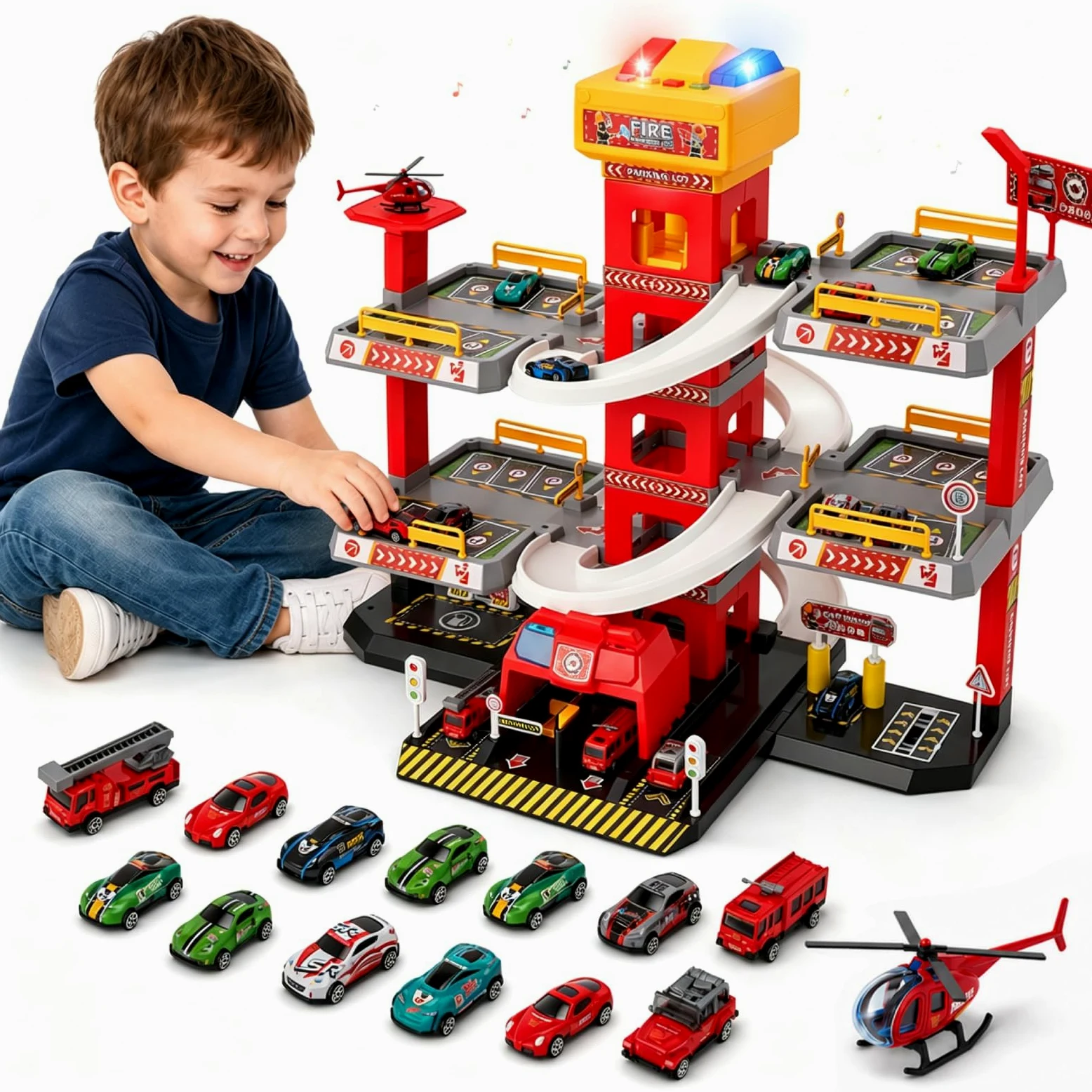 Garage parcheggio a 5 piani per bambini, camion dei pompieri con ascensore, stazione di servizio e piazza di atterraggio degli elicotteri, 10 auto in metallo, 4 auto in lega e 1 elicottero, garage