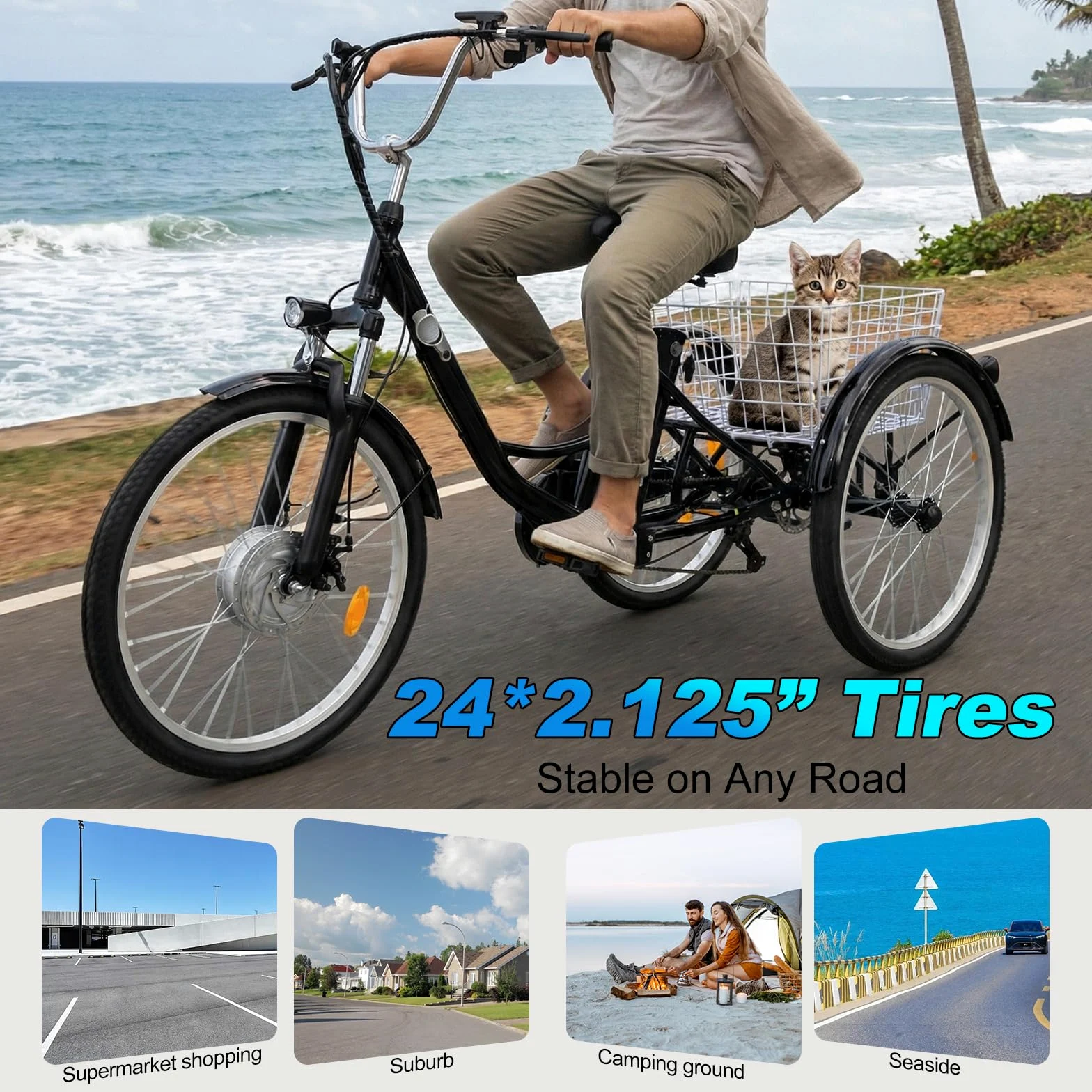 Triciclo elettrico per adulti M300,batteria rimovibile da 36 V e 18Ah | CE\EN15194,pneumatici antiscivolo e resistenti da 24 pollici,7 marce,triciclo da campeggio,triciclo da carico per anziani