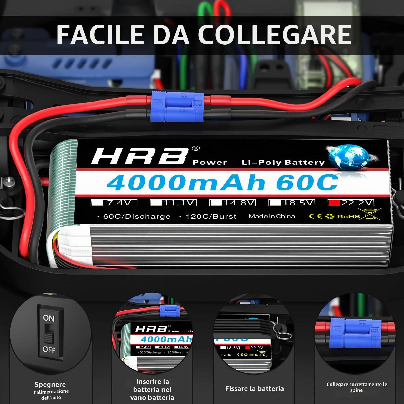 HRB 2pcs 6S 22.2V 4000mAh 60C Lipo batteria con spina EC5 per RC Quadcopter elicottero auto camion barca hobby