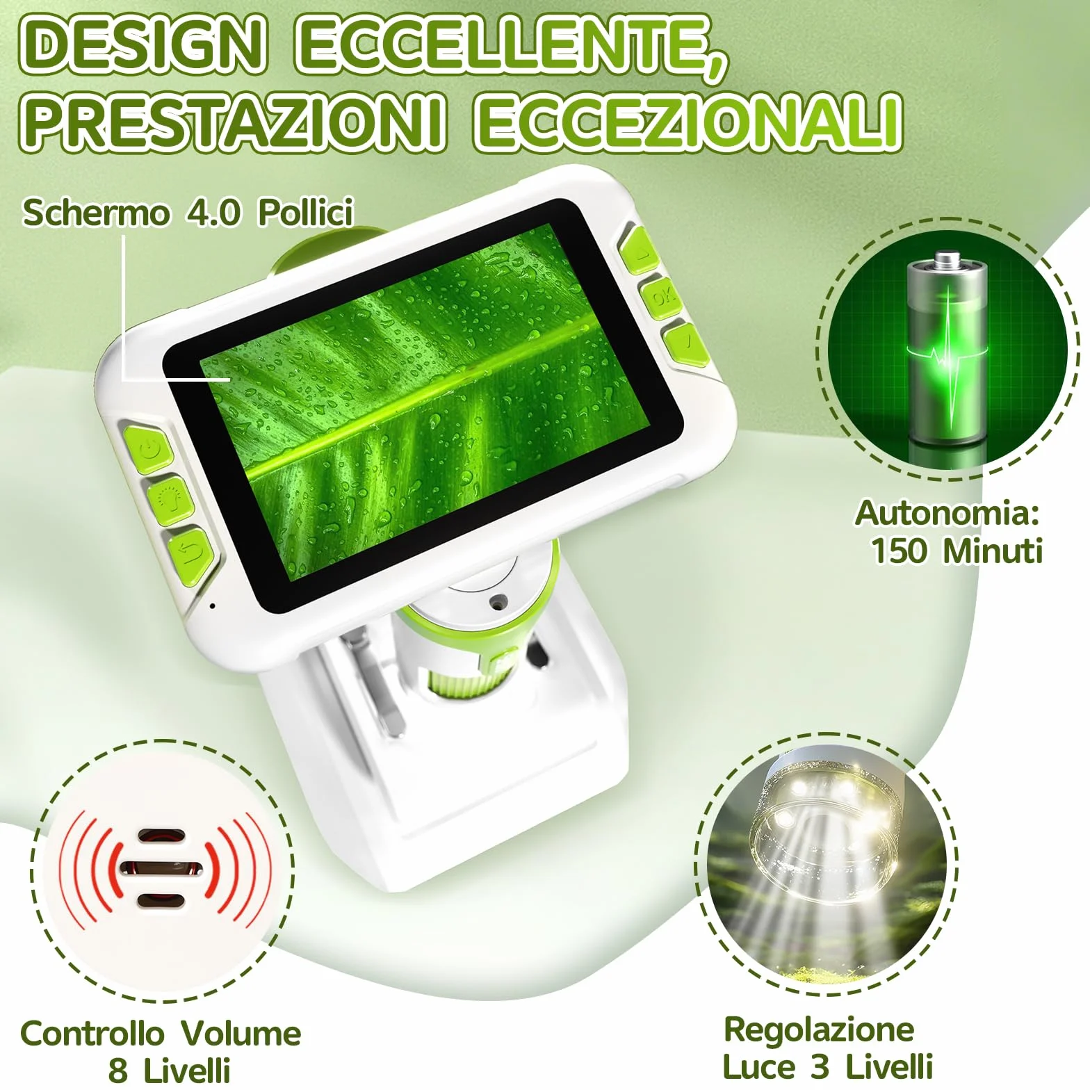 Charmofun Microscopio Bambini, Microscopio Digitale con Scheda di Memoria da 64GB, Microscopios Portatile Bambini con Schermo LCD 4", Ingrandimento 1600X, Foto e Video, Funzione Portatile e Fissa