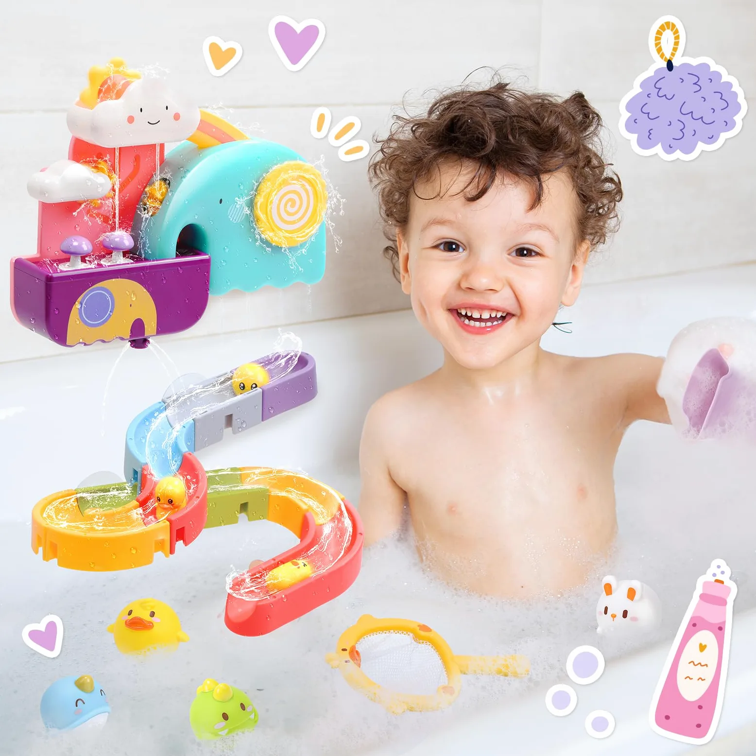 CUTE STONE Giocattolo da bagno per bambini, giocattolo da bagno con pista di costruzione scivolo acquatico, giocattoli galleggianti senza fori, gioco di rete da pesca anatra, regali per ragazzi e