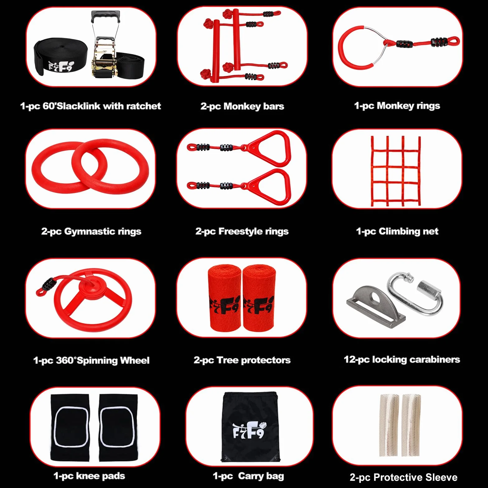 Ninja Slackline Kit, 15M Ninja Linea Viene fornito con Kit da Ostacoli Sospeso per Bambini completi e sicuri