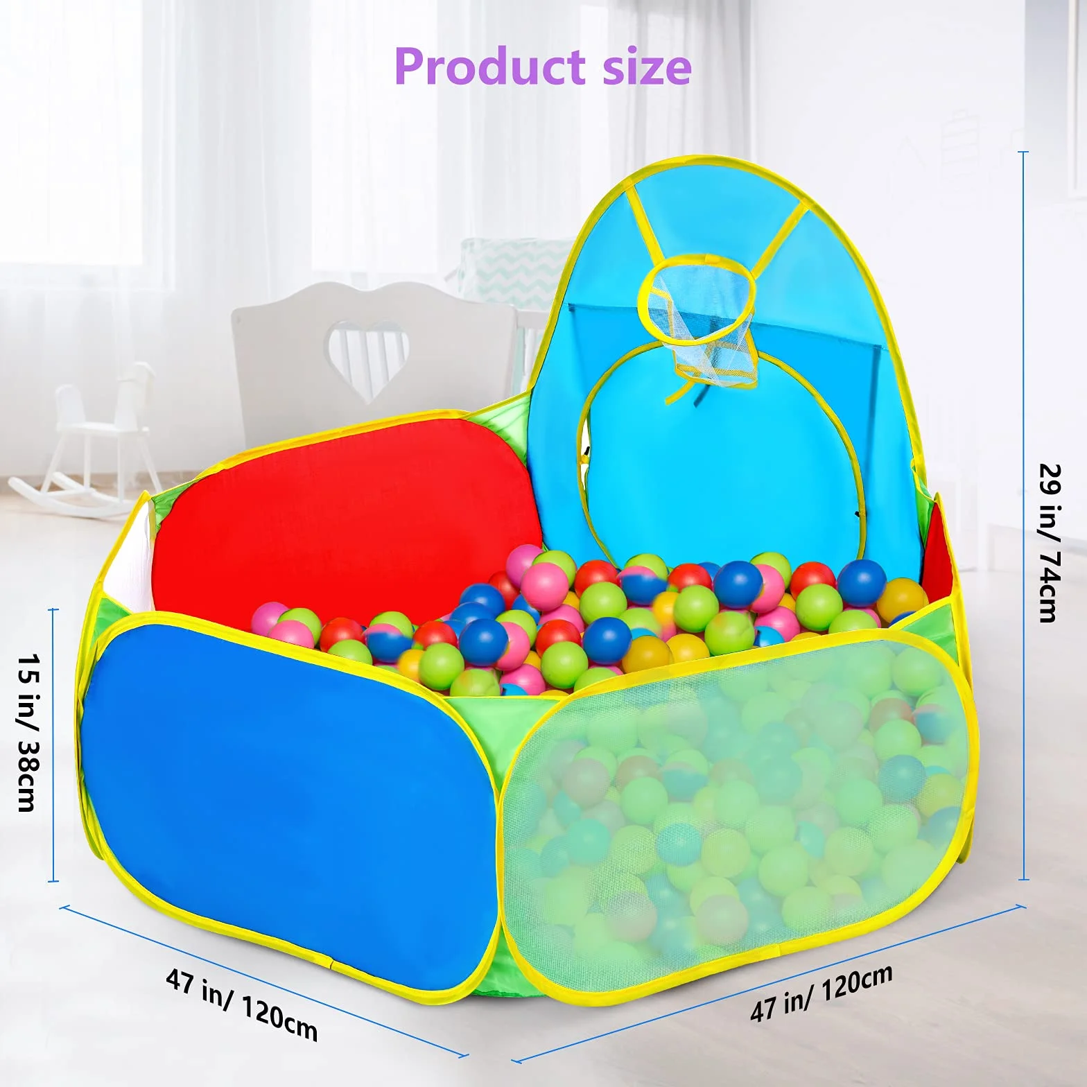 Eocusun Piscina per palline per bambini, per interni ed esterni, tenda da gioco portatile con canestro da basket e borsa con cerniera (palline non incluse)