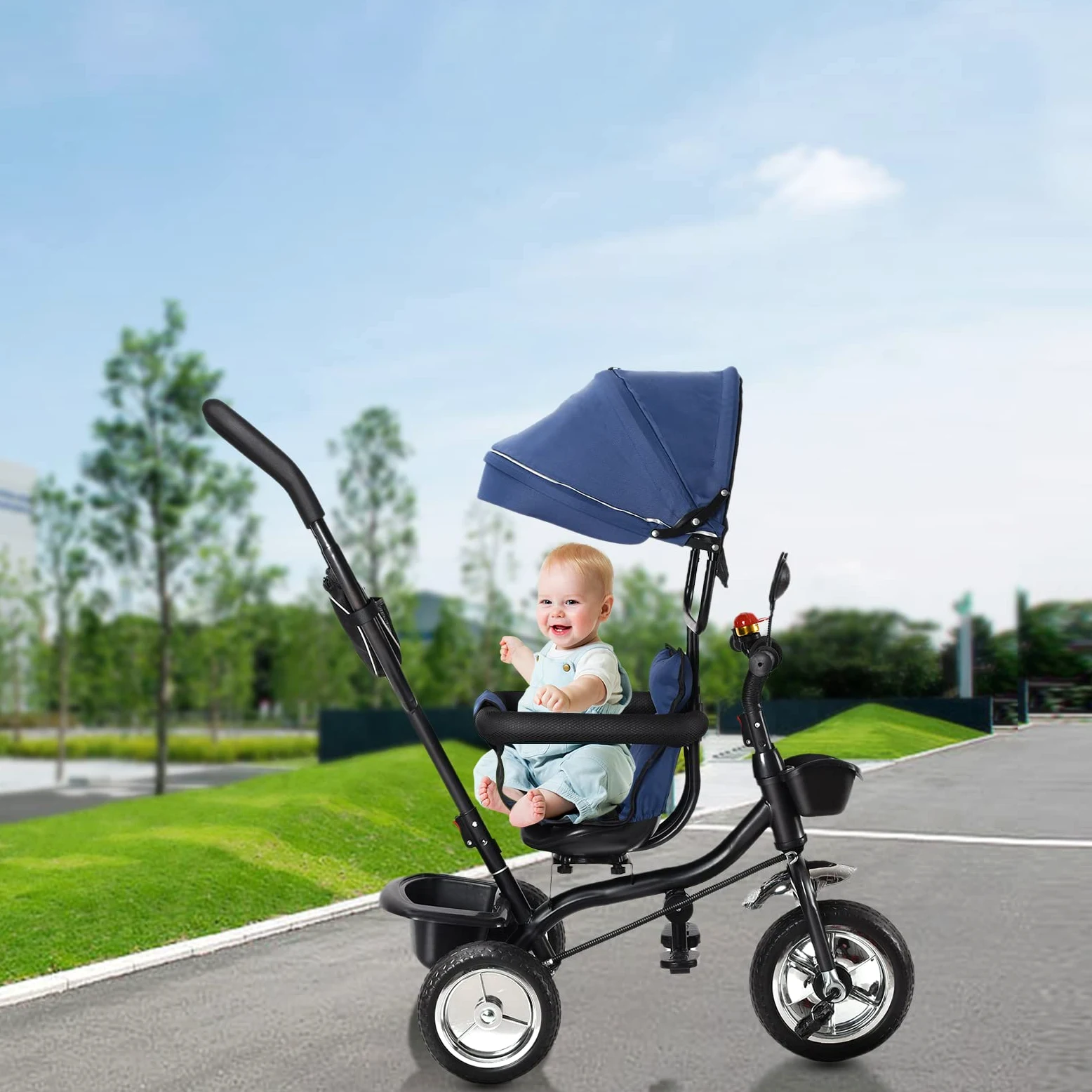 Kedia - Triciclo per bambini - 4 in 1, bicicletta per bambini con maniglia, passeggino con tettuccio apribile, sedile posteriore montabile (blu)