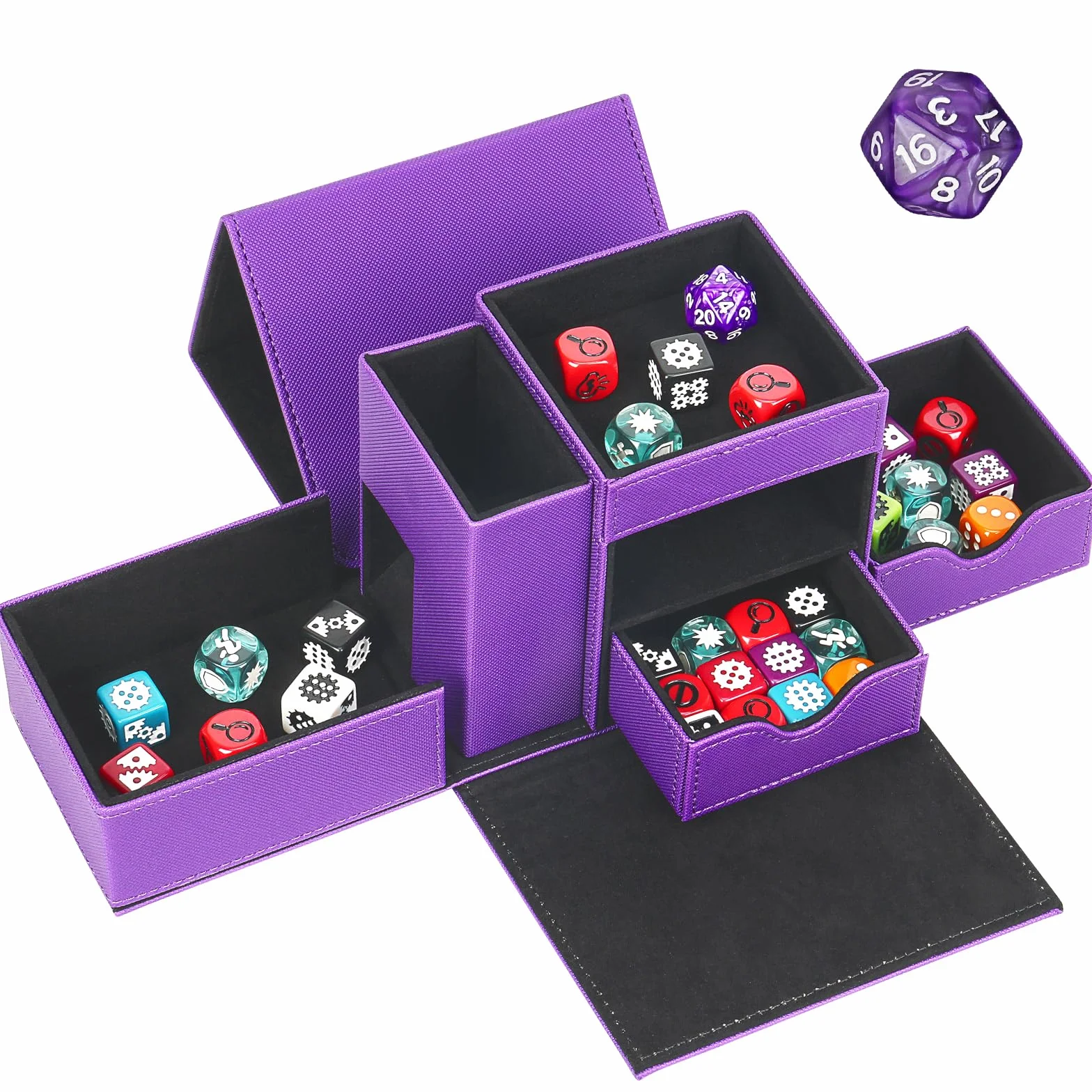 Vassoio per dadi e rullo per dadi a torre, scatola magnetica per dadi per rotolamento, 3 in 1, in pelle, organizer per dadi adatto per Dungeons & Dragons, MTG DM e Player, viola e nero